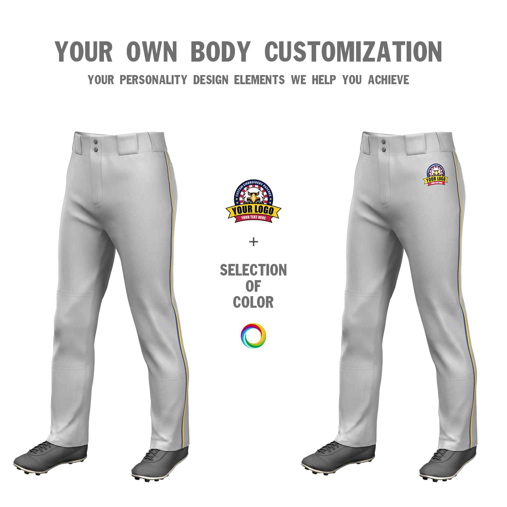 Custom Gray Royal-Gold Classic Fit Stretch Practice Loose-fit Baseball Pants