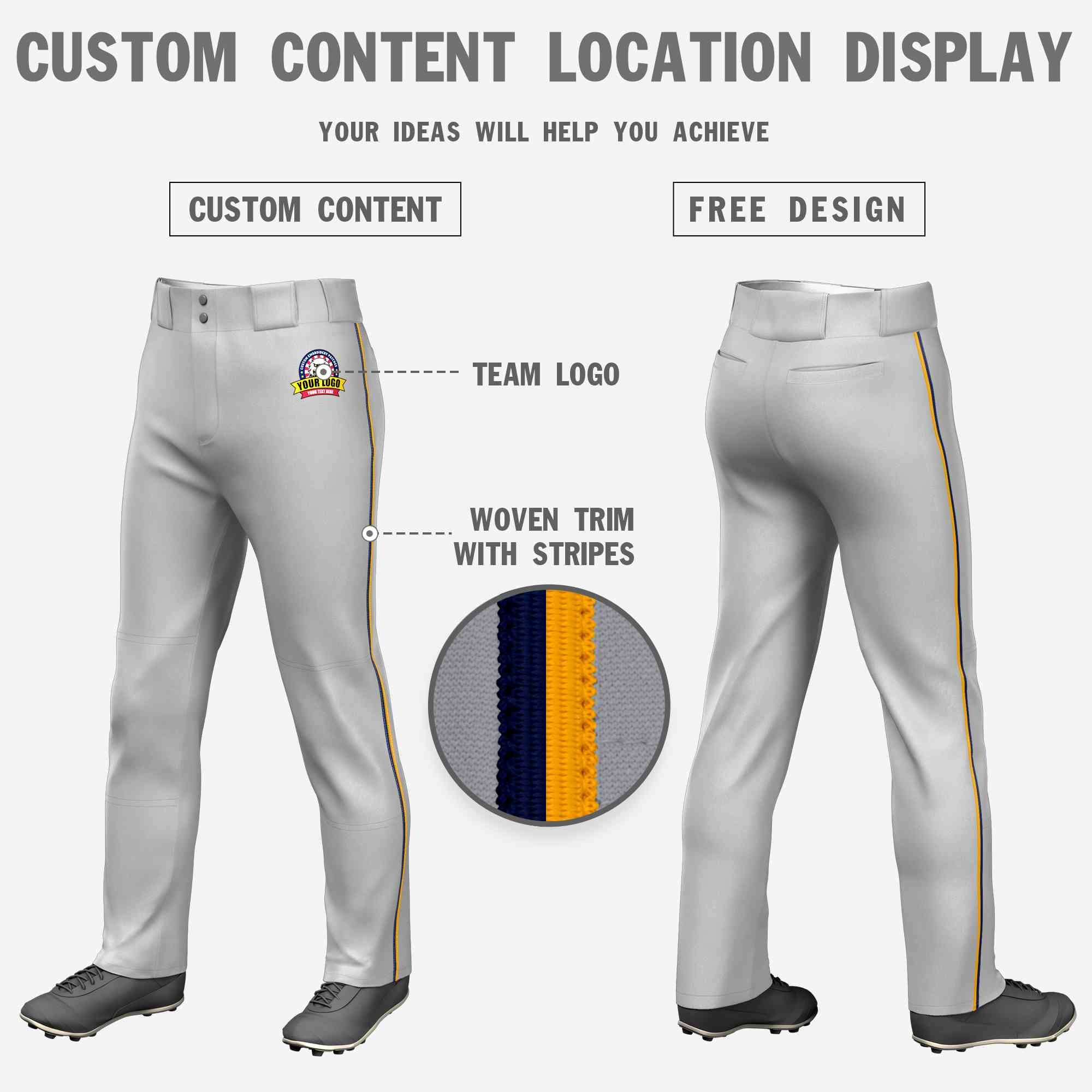 Custom Gray Navy-Yellow Classic Fit Stretch Practice Loose-fit Baseball Pants