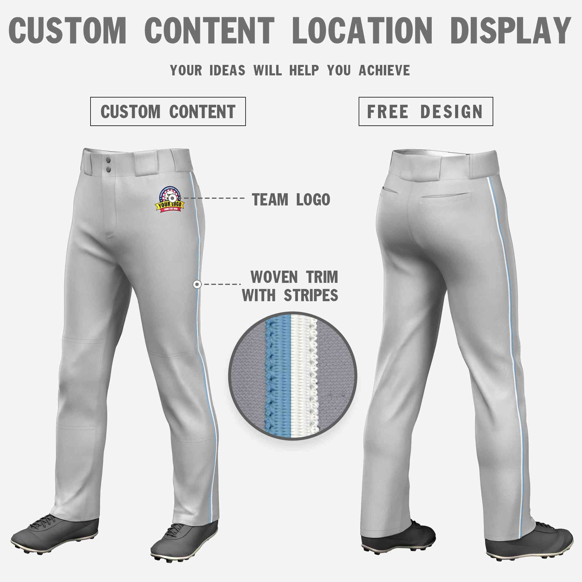 Custom Gray Light Blue-White Classic Fit Stretch Practice Loose-fit Baseball Pants