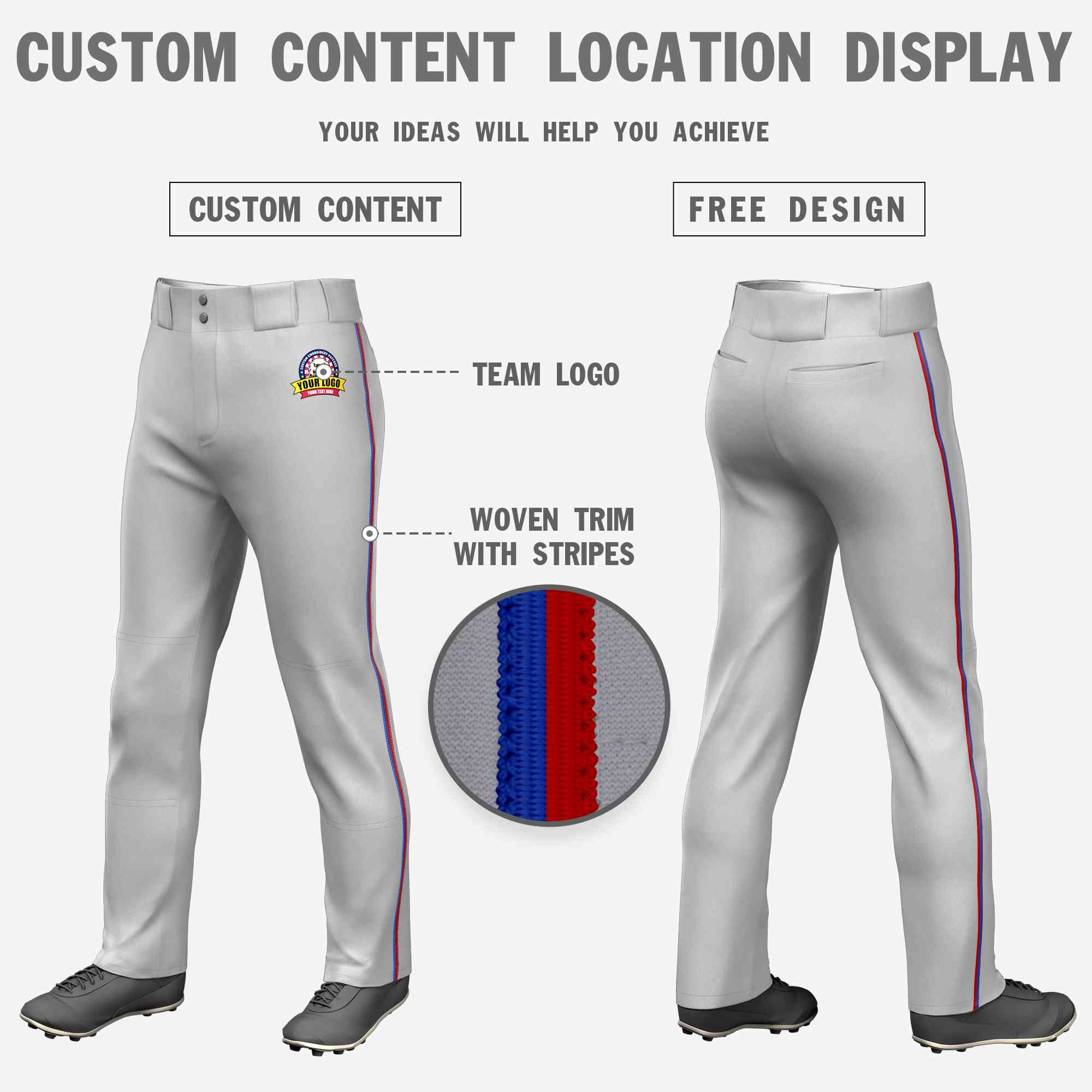 Custom Gray Royal-Red Classic Fit Stretch Practice Loose-fit Baseball Pants