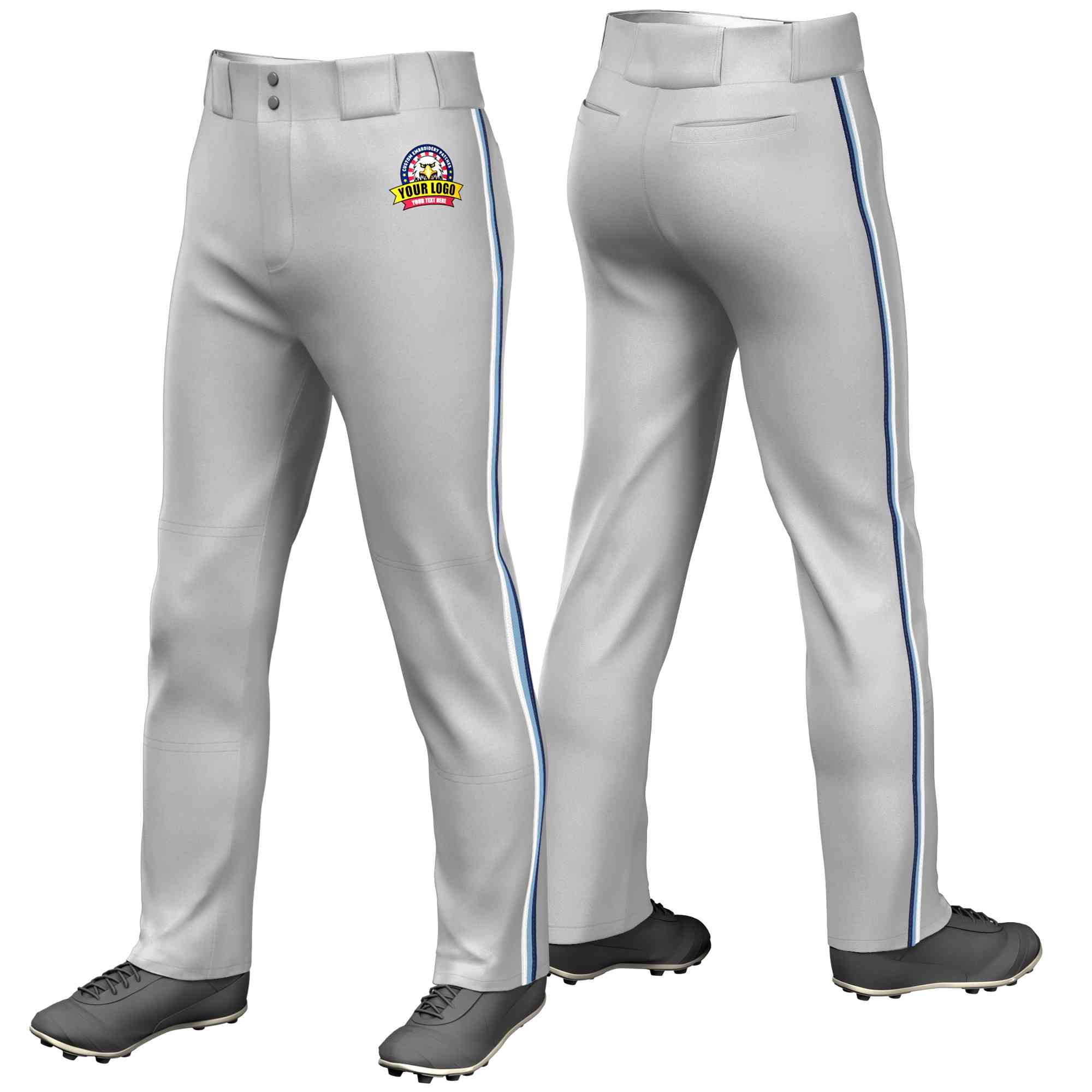 Custom Gray White Light Blue-Navy Classic Fit Stretch Practice Loose-fit Baseball Pants