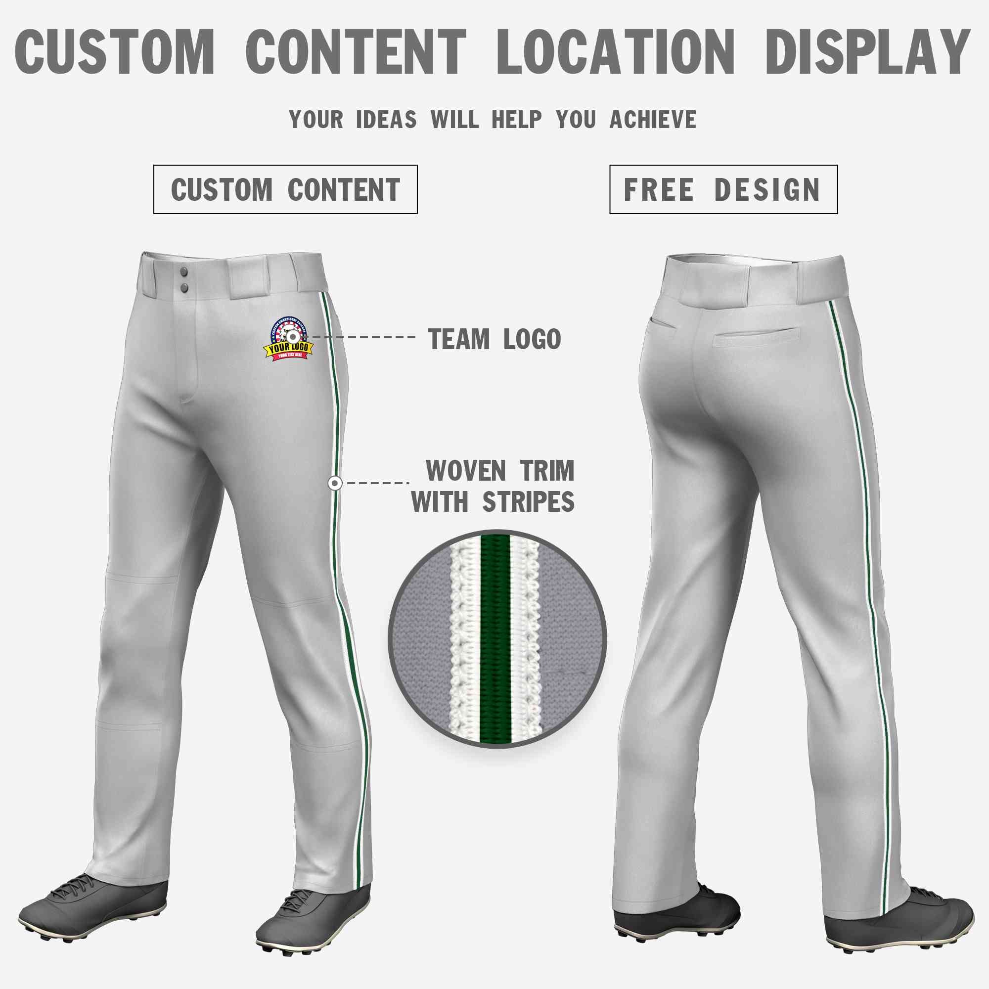 Pantalon de baseball coupe ample, coupe classique, extensible, personnalisé, gris, blanc, vert-blanc