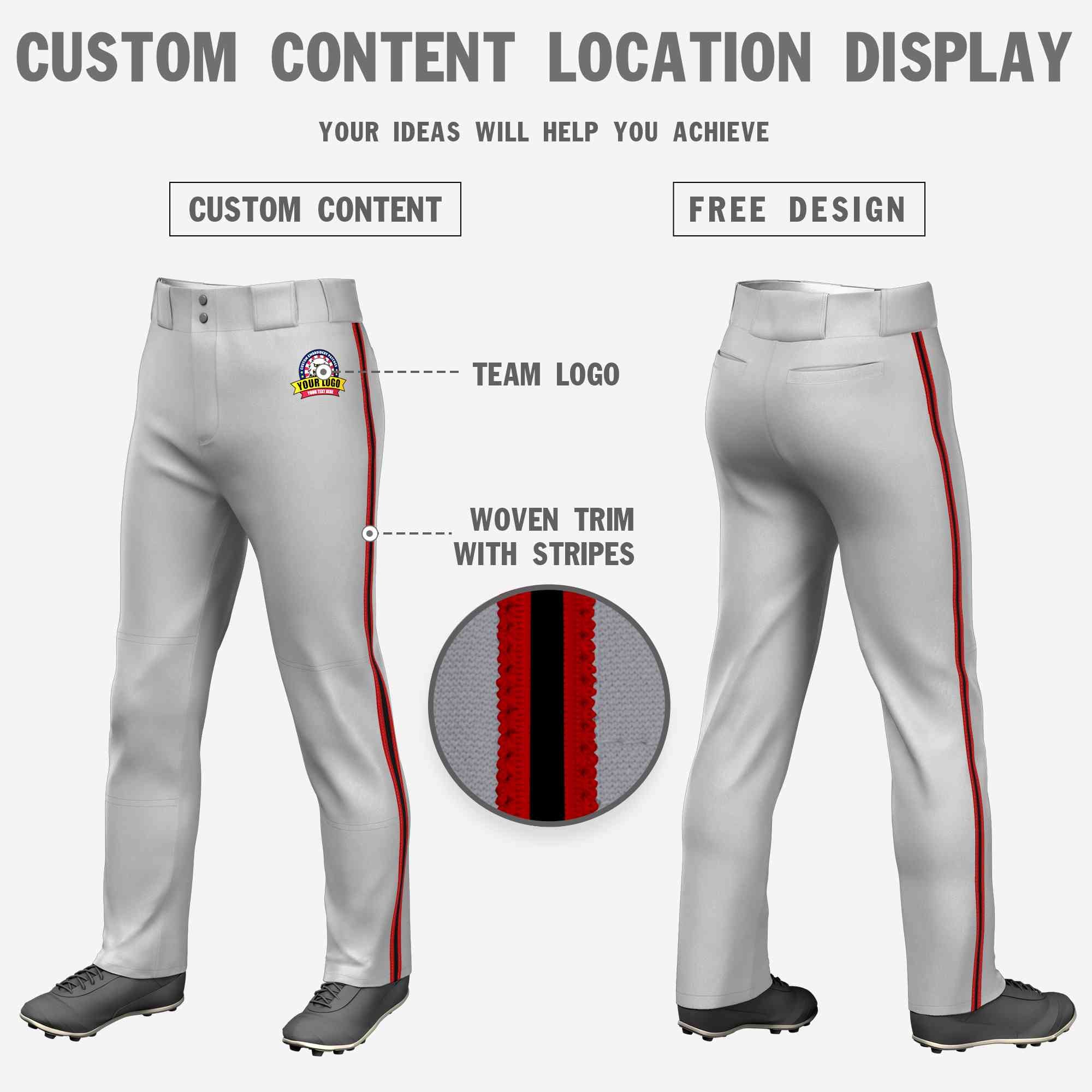 Custom Gray Red Black-Red Classic Fit Stretch Practice Loose-fit Baseball Pants