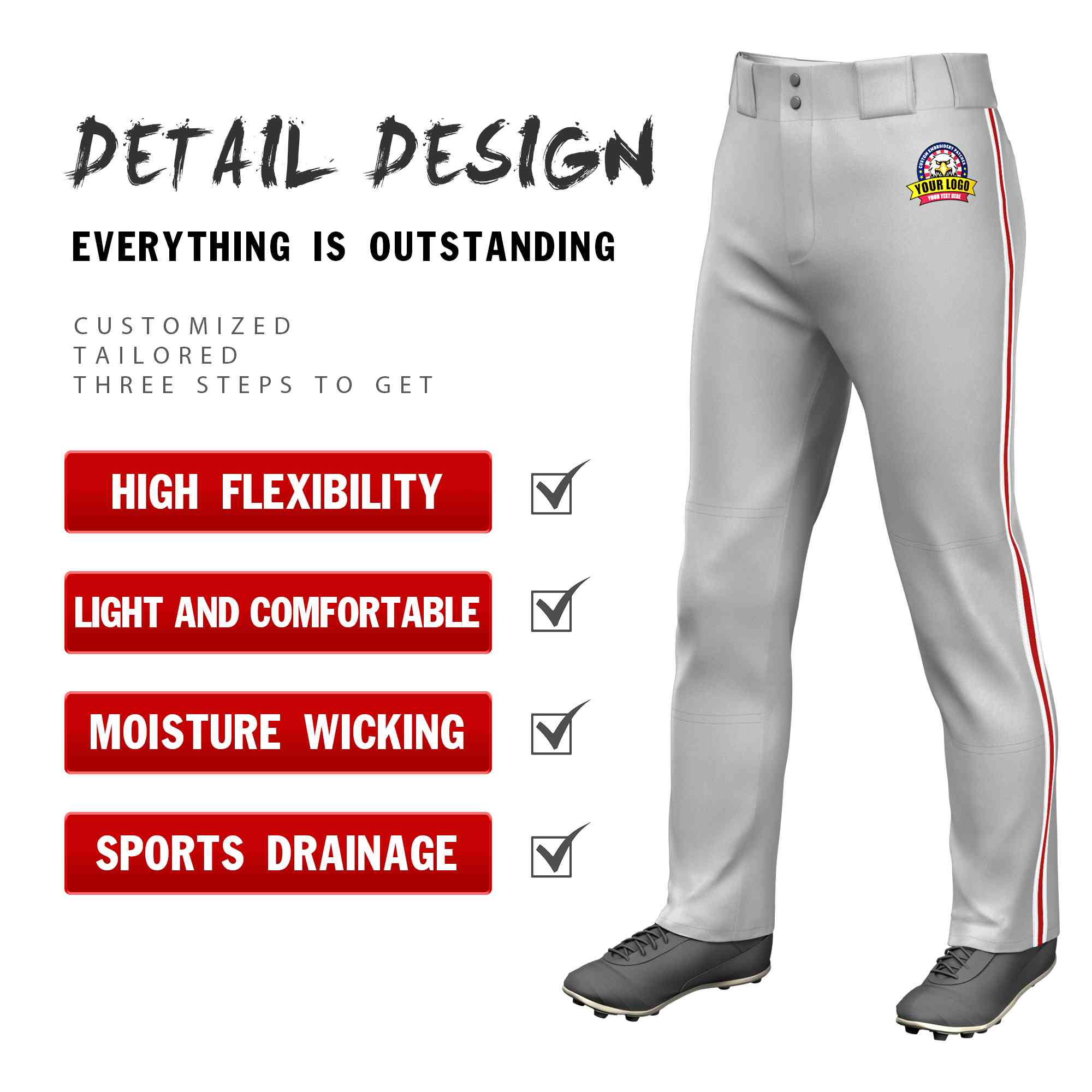 Custom Gray White Red-White Classic Fit Stretch Practice Loose-fit Baseball Pants