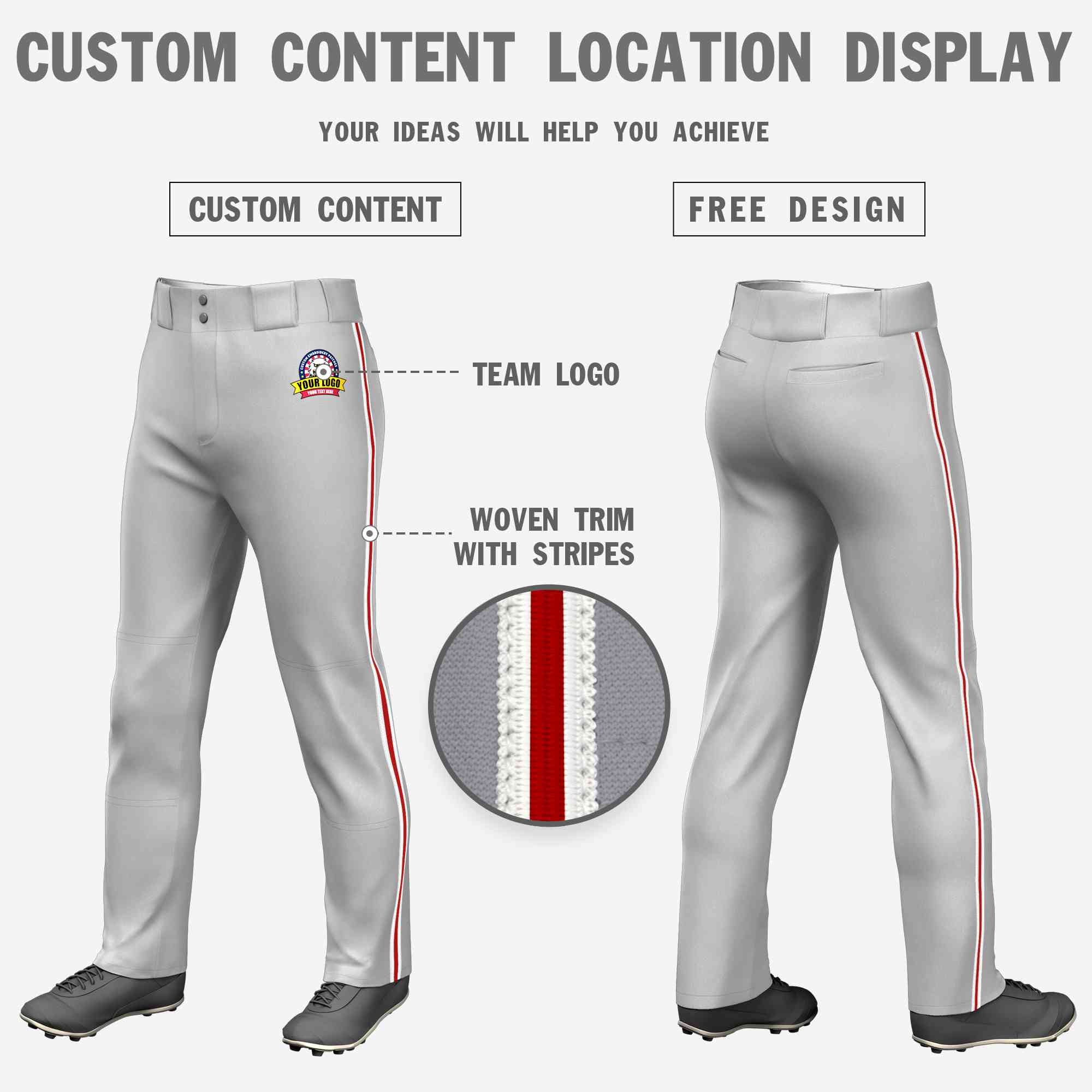 Custom Gray White Red-White Classic Fit Stretch Practice Loose-fit Baseball Pants