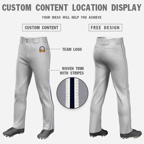 Custom Gray White Navy-White Classic Fit Stretch Practice Loose-fit Baseball Pants