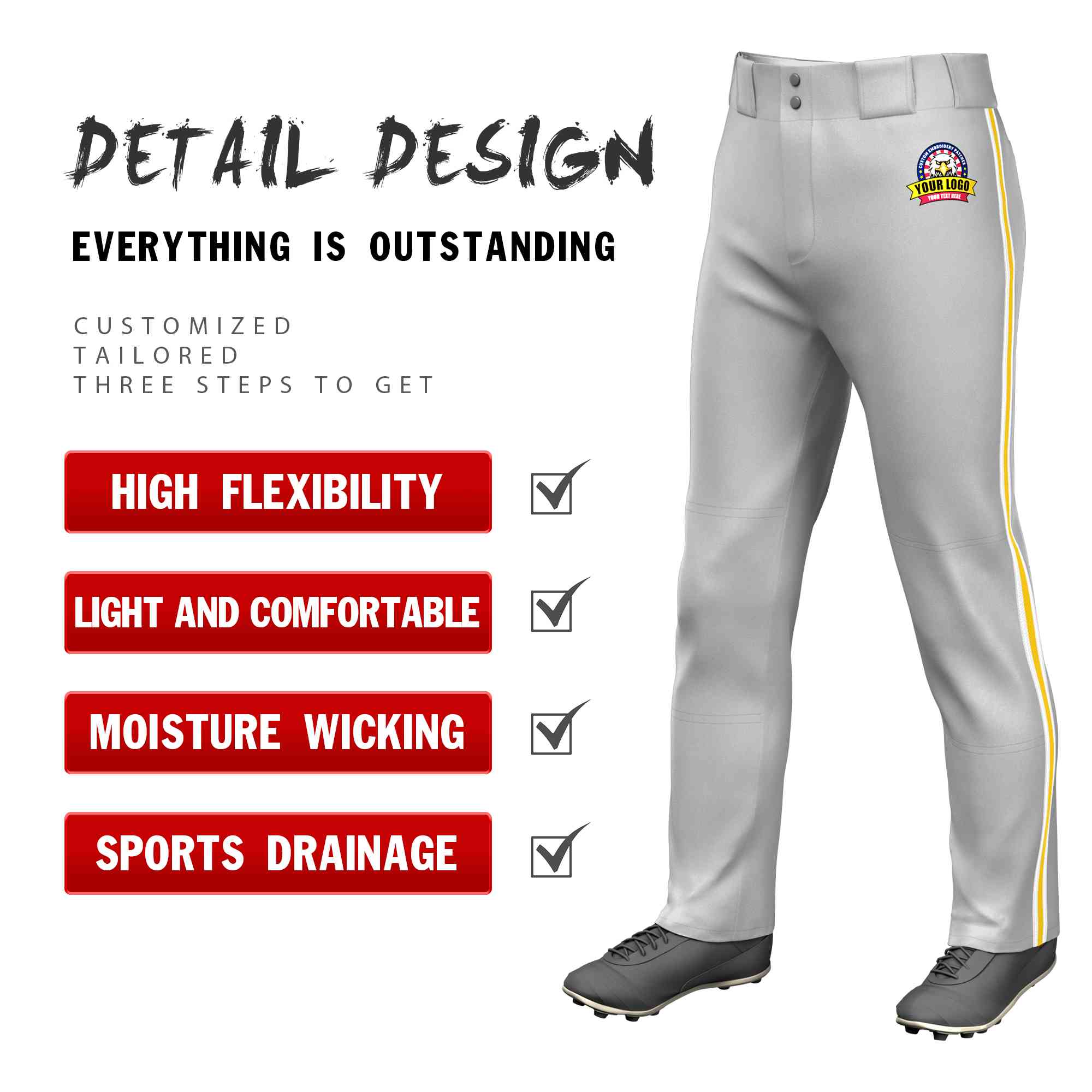 Custom Gray White Gold-White Classic Fit Stretch Practice Loose-fit Baseball Pants