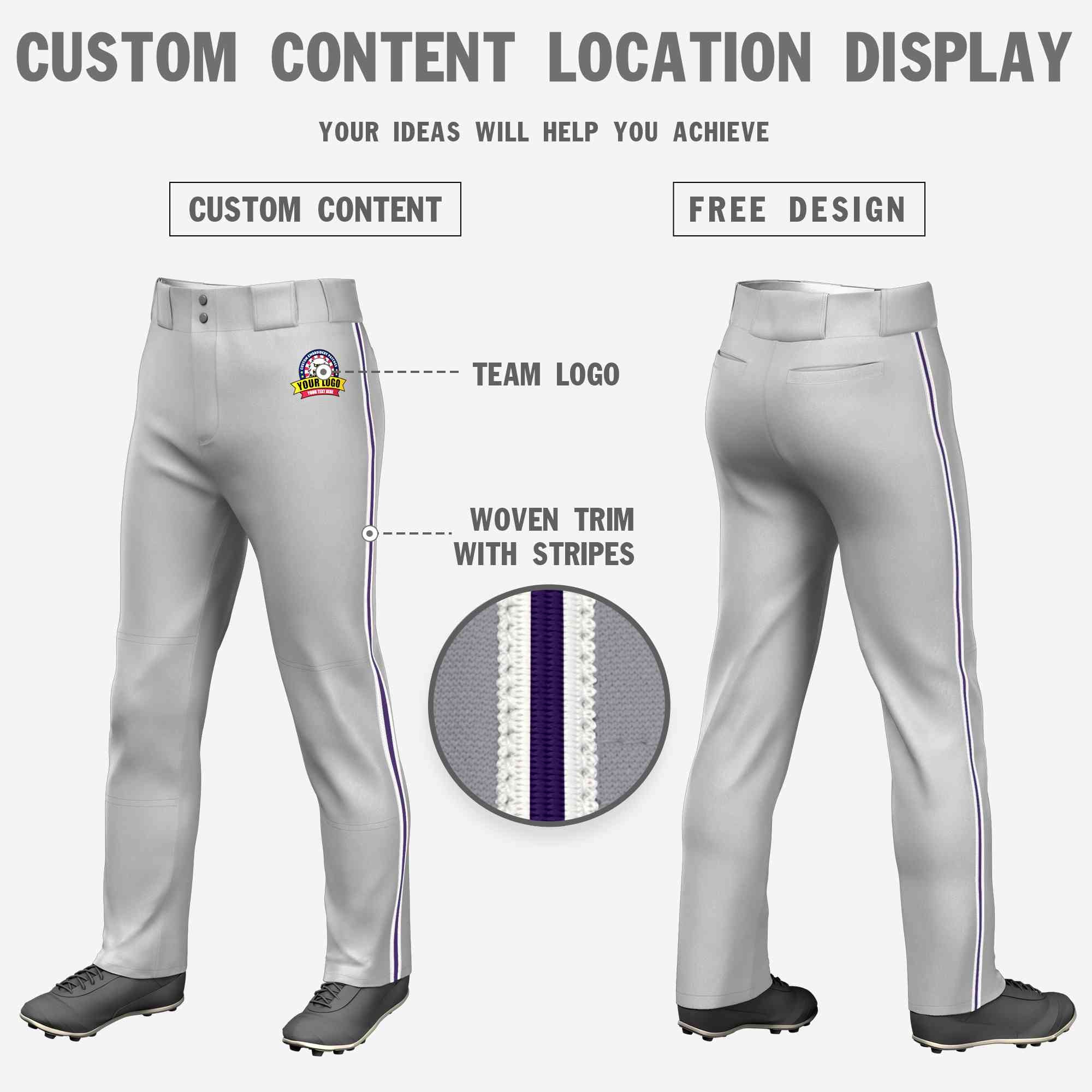 Pantalon de baseball coupe ample, coupe classique, extensible, personnalisé, gris, blanc, violet-blanc