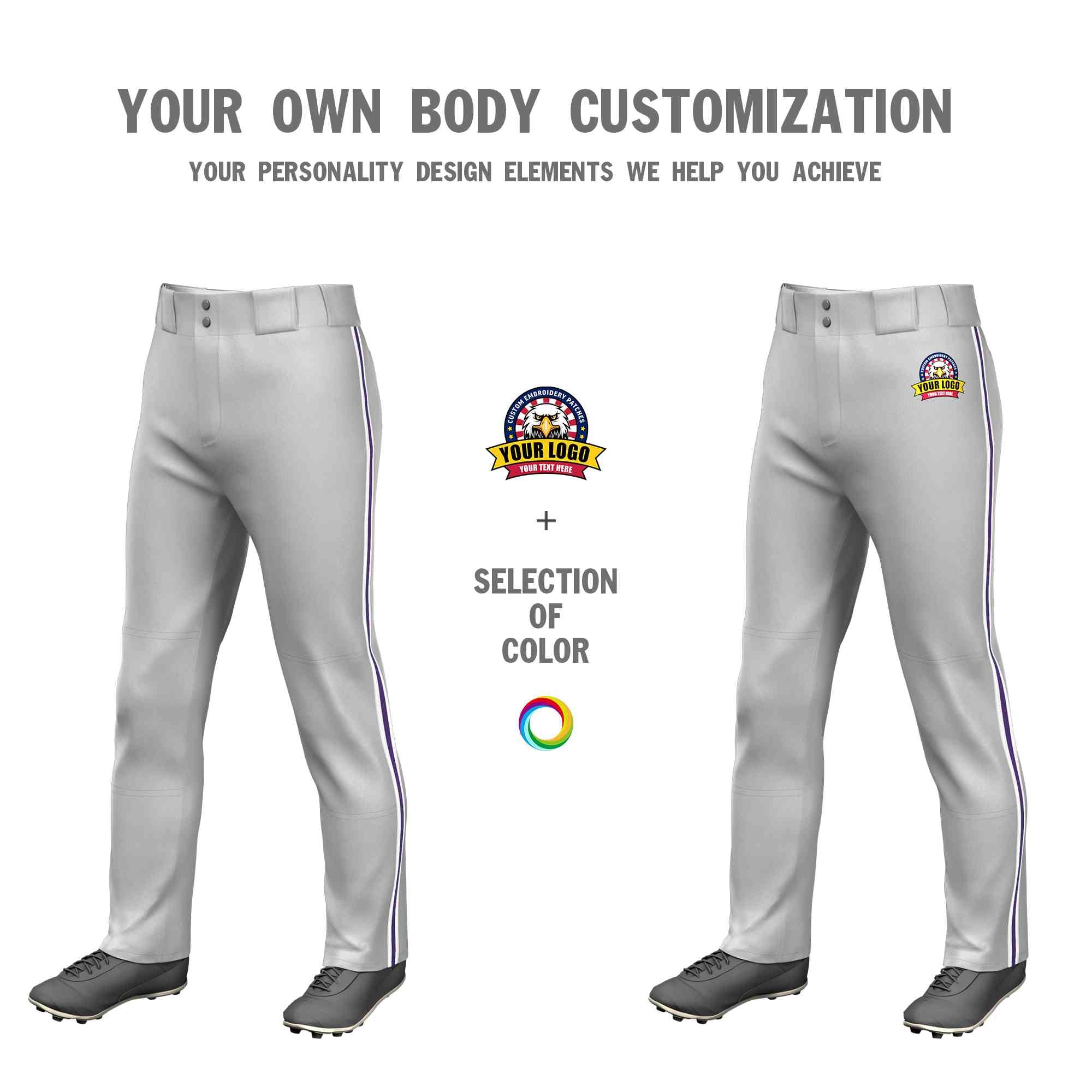 Pantalon de baseball coupe ample, coupe classique, extensible, personnalisé, gris, blanc, violet-blanc