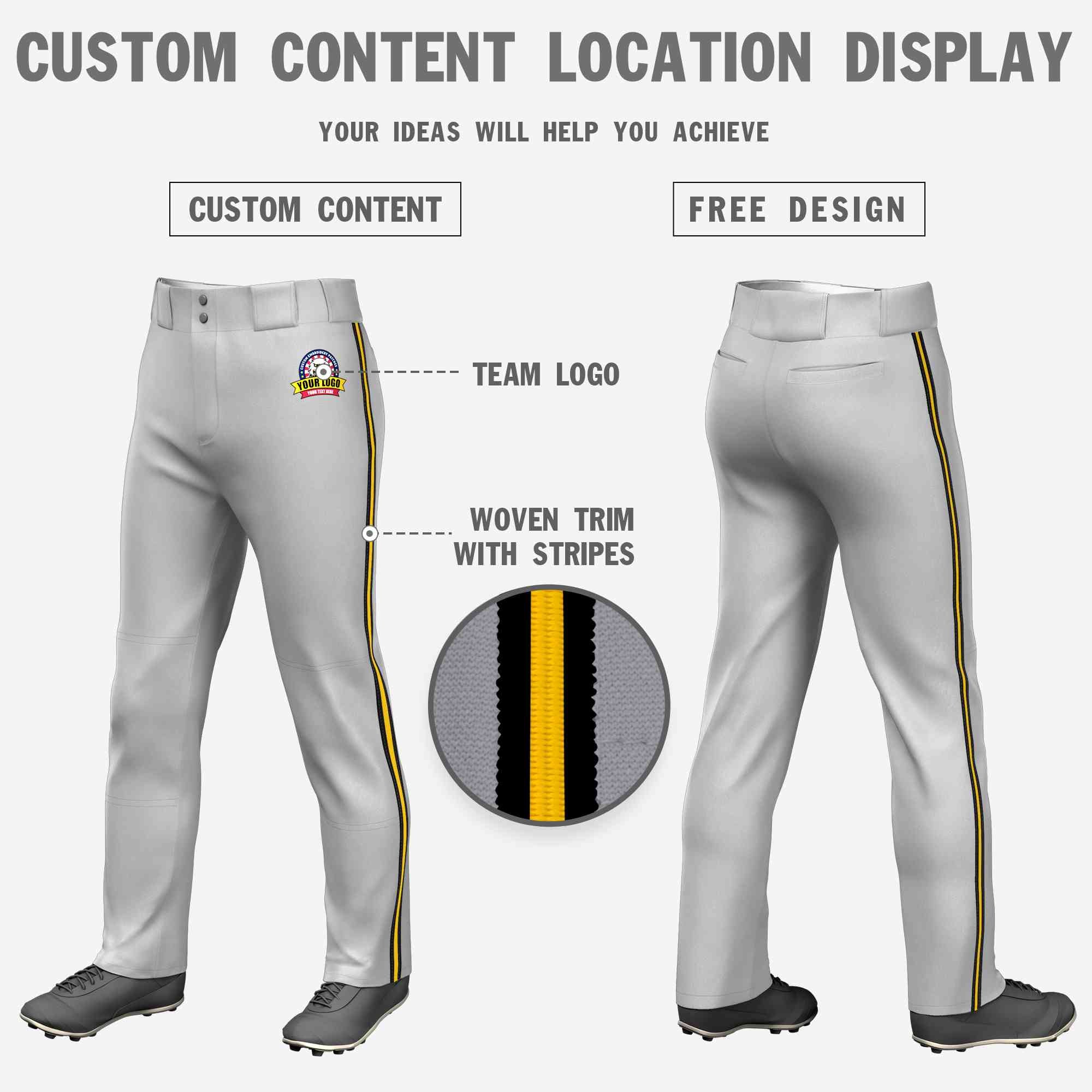 Custom Gray Black Gold-Black Classic Fit Stretch Practice Loose-fit Baseball Pants