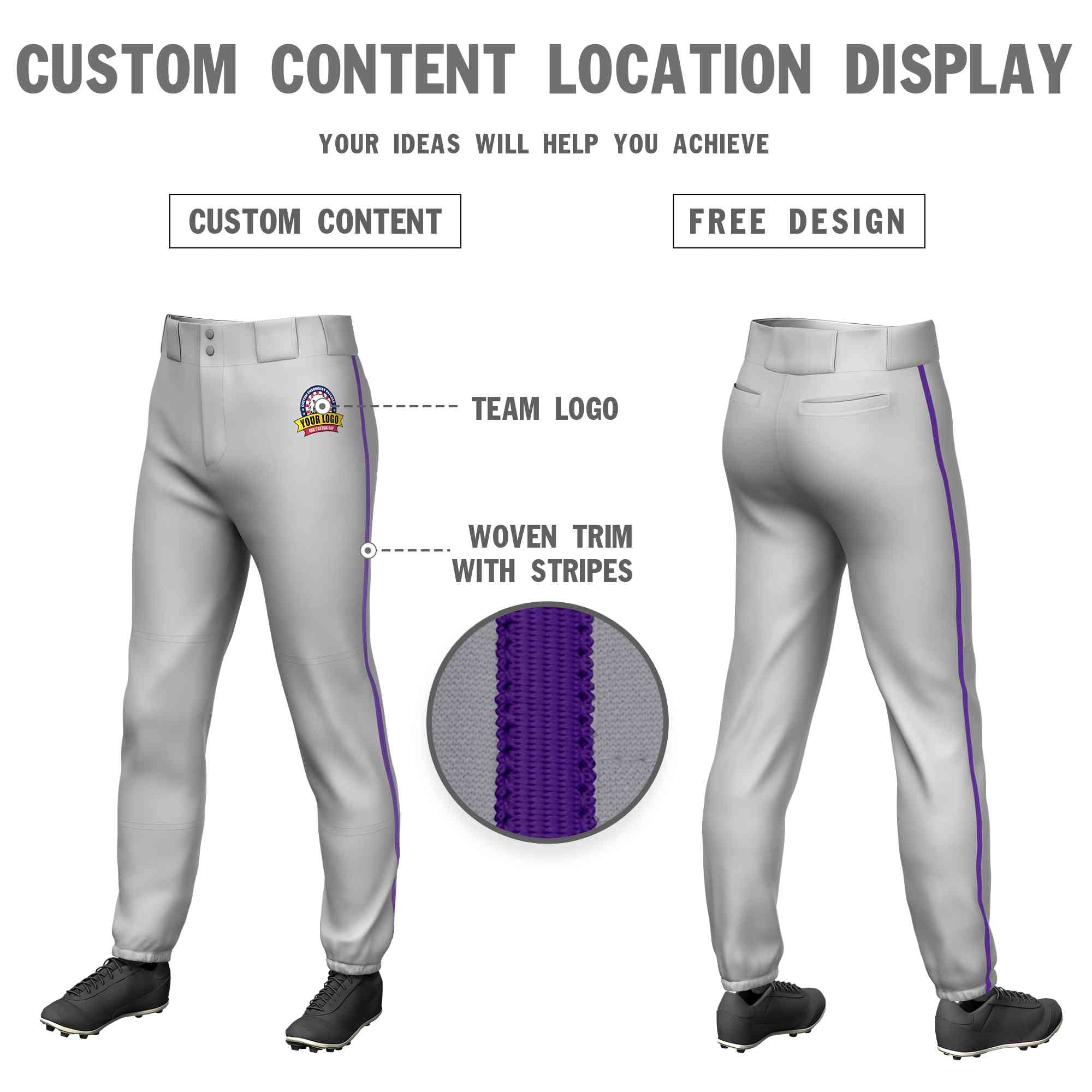 Pantalon de baseball pull-up extensible, coupe classique, personnalisé, gris, violet