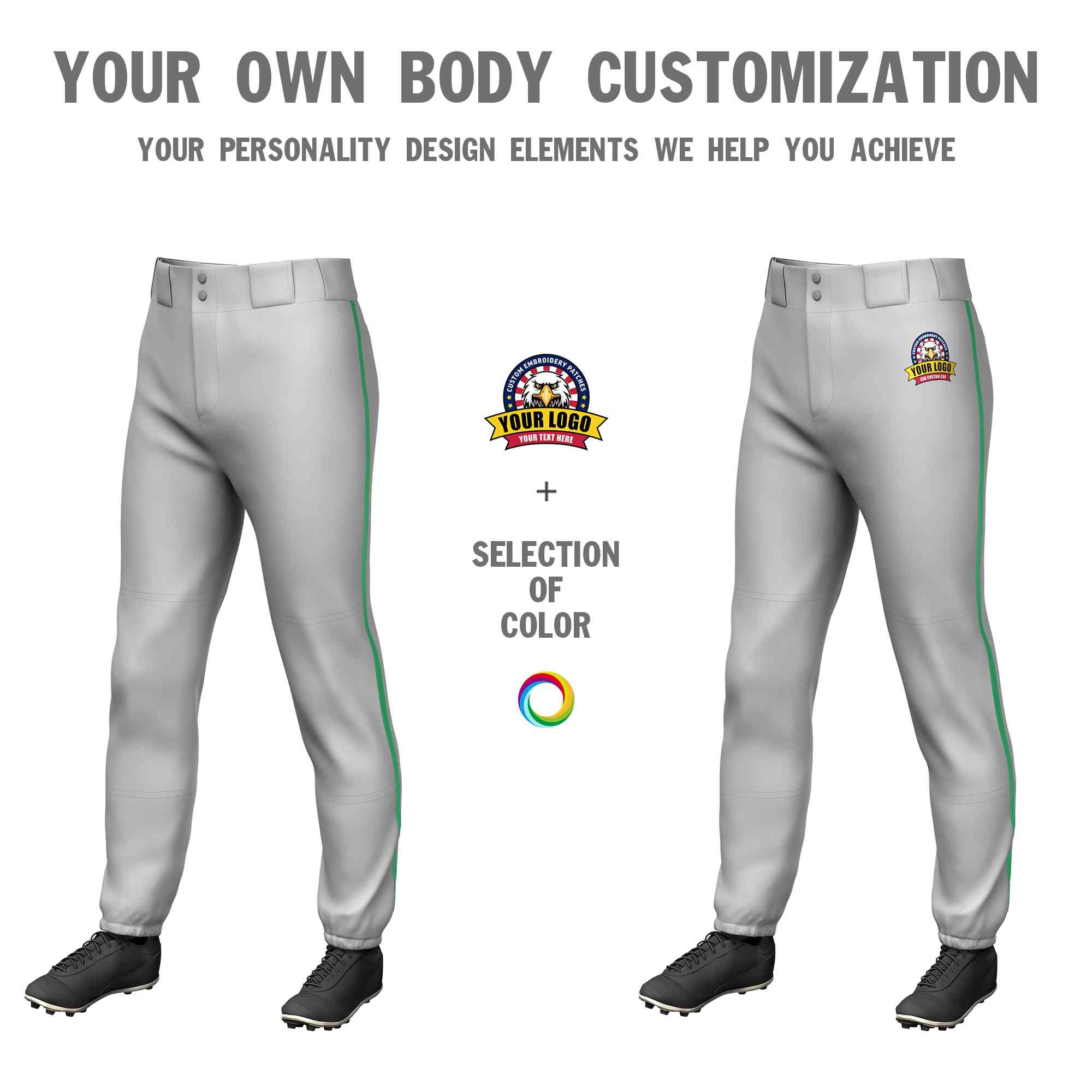 Custom Gray Kelly Green Classic Fit Stretch Practice Pull-up Baseball Pants