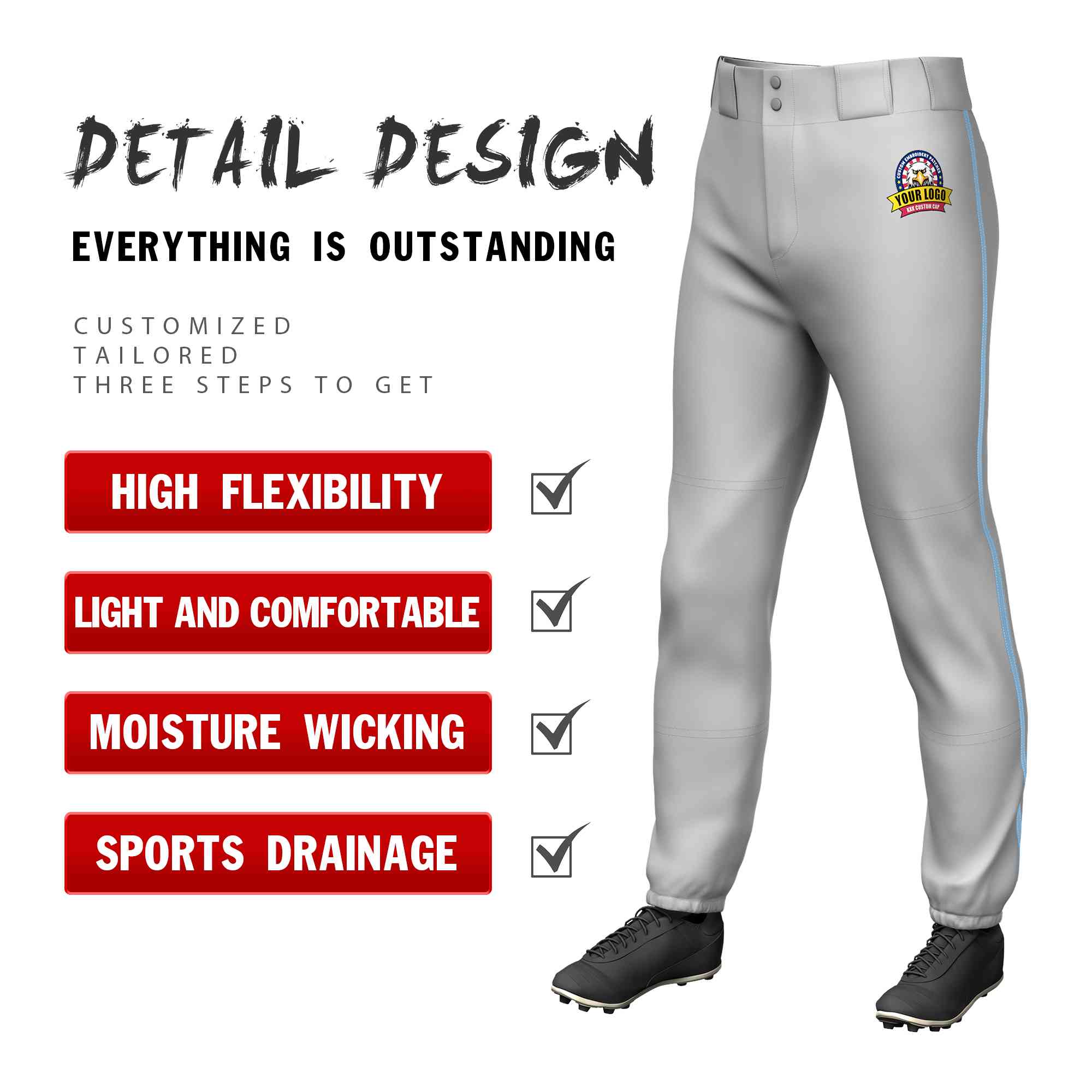 Custom Gray Light Blue Classic Fit Stretch Practice Pull-up Baseball Pants