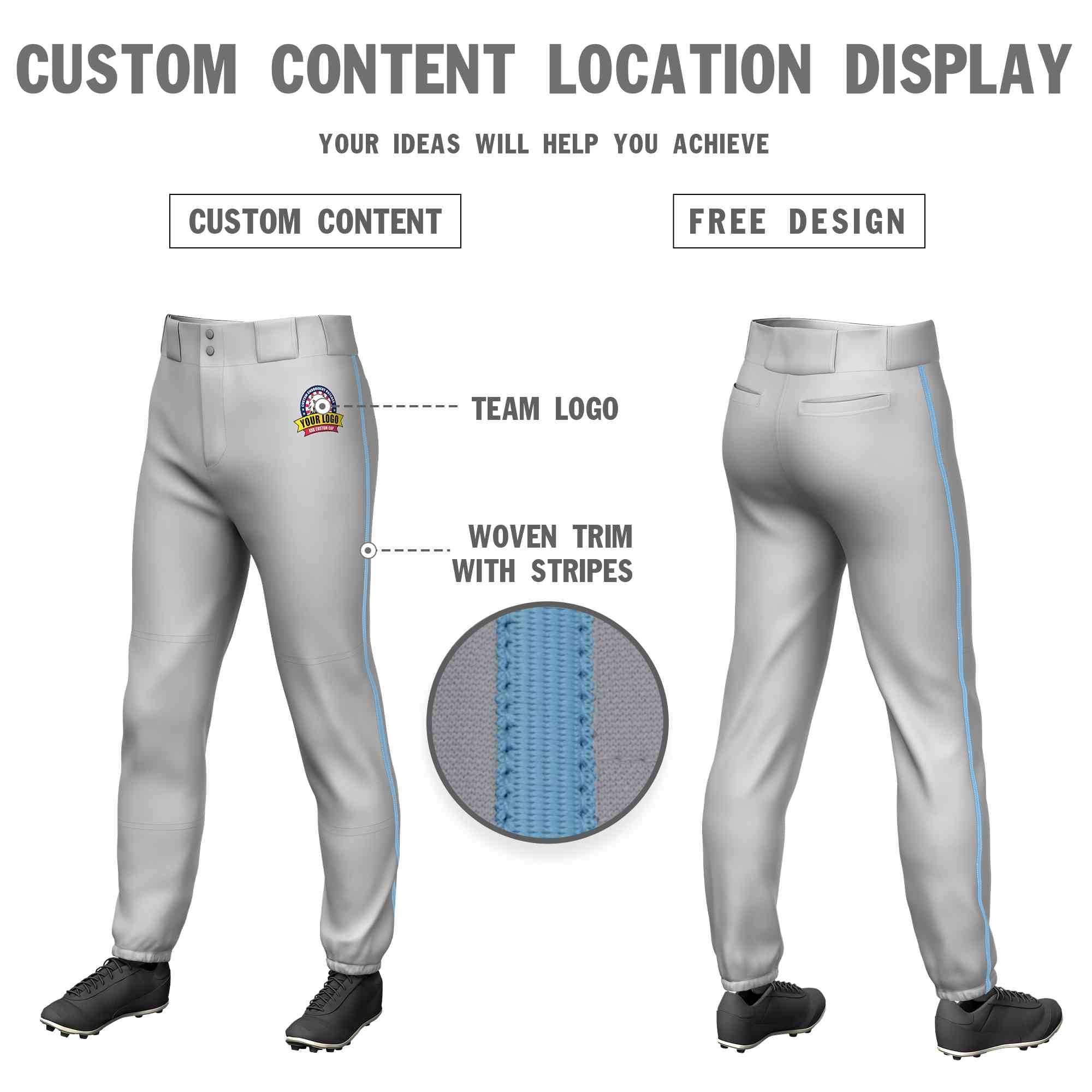 Custom Gray Light Blue Classic Fit Stretch Practice Pull-up Baseball Pants