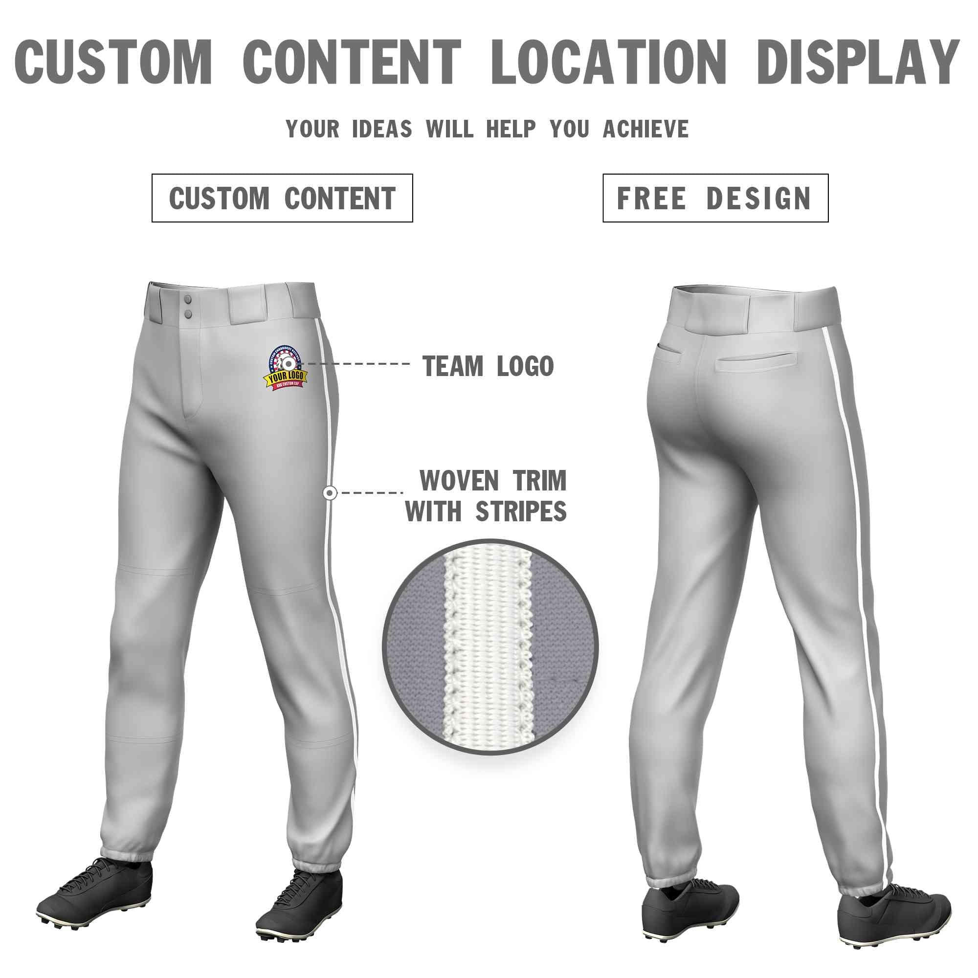 Pantalon de baseball pull-up extensible, coupe classique, personnalisé, gris et blanc