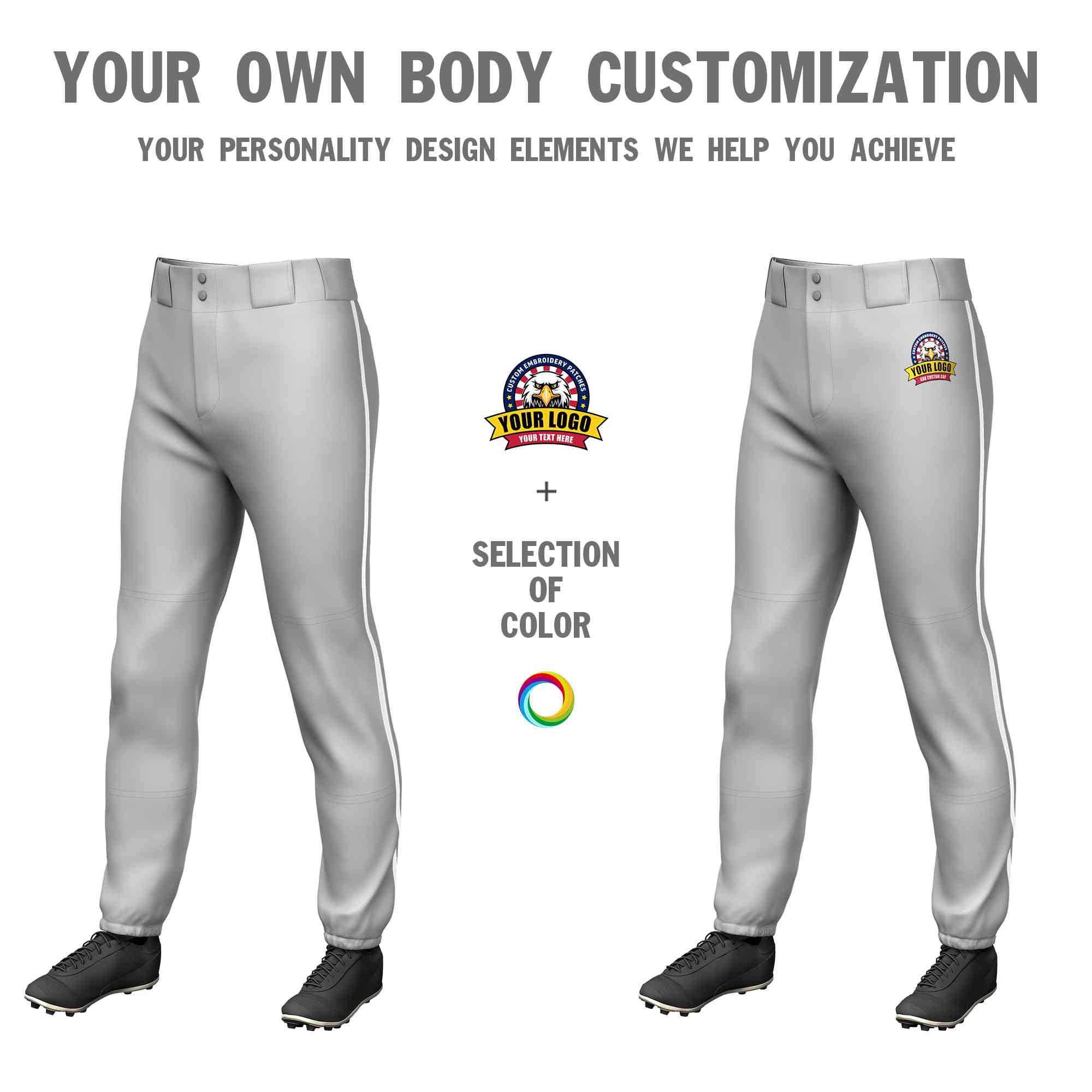 Pantalon de baseball pull-up extensible, coupe classique, personnalisé, gris et blanc