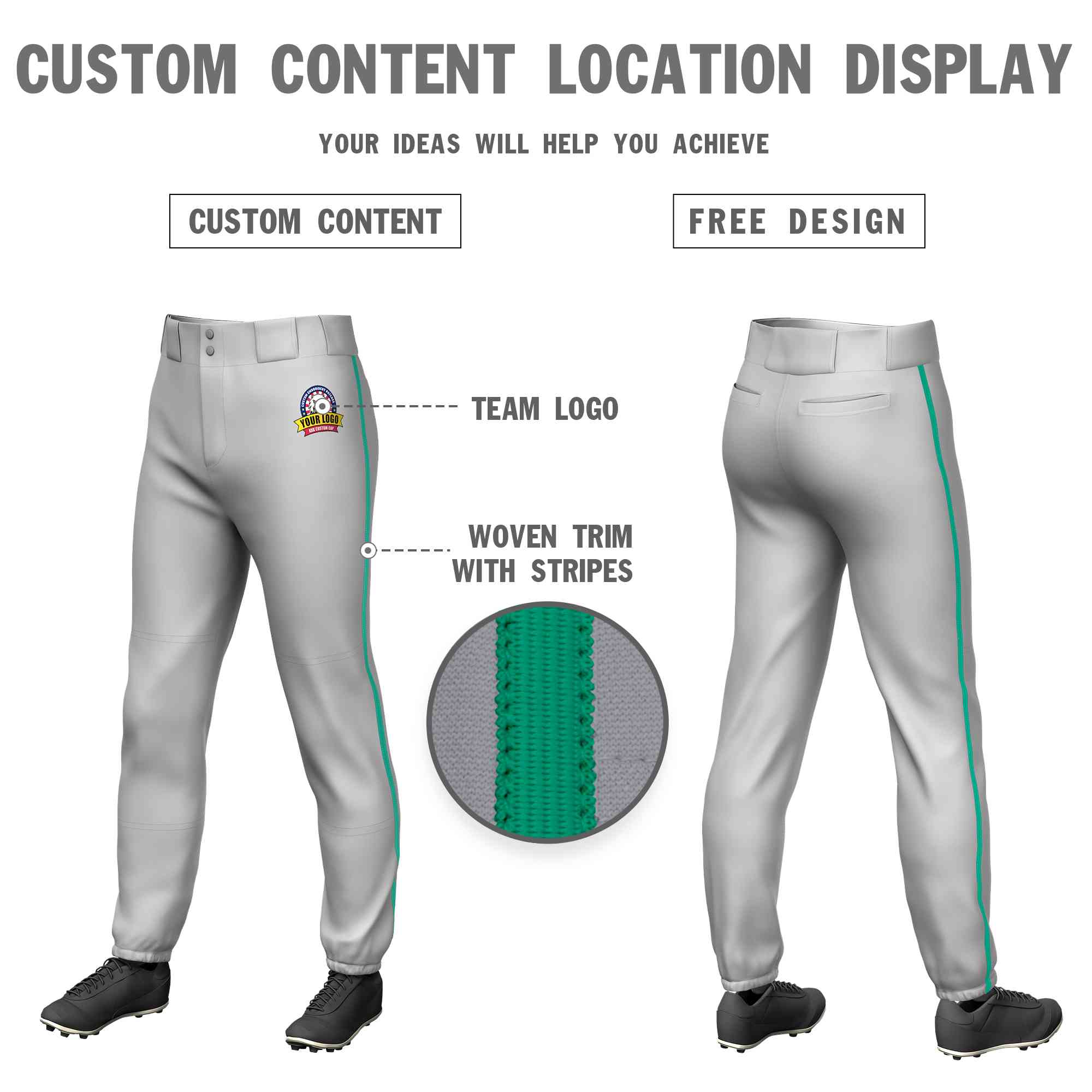 Custom Gray Teal Classic Fit Stretch Practice Pull-up Baseball Pants