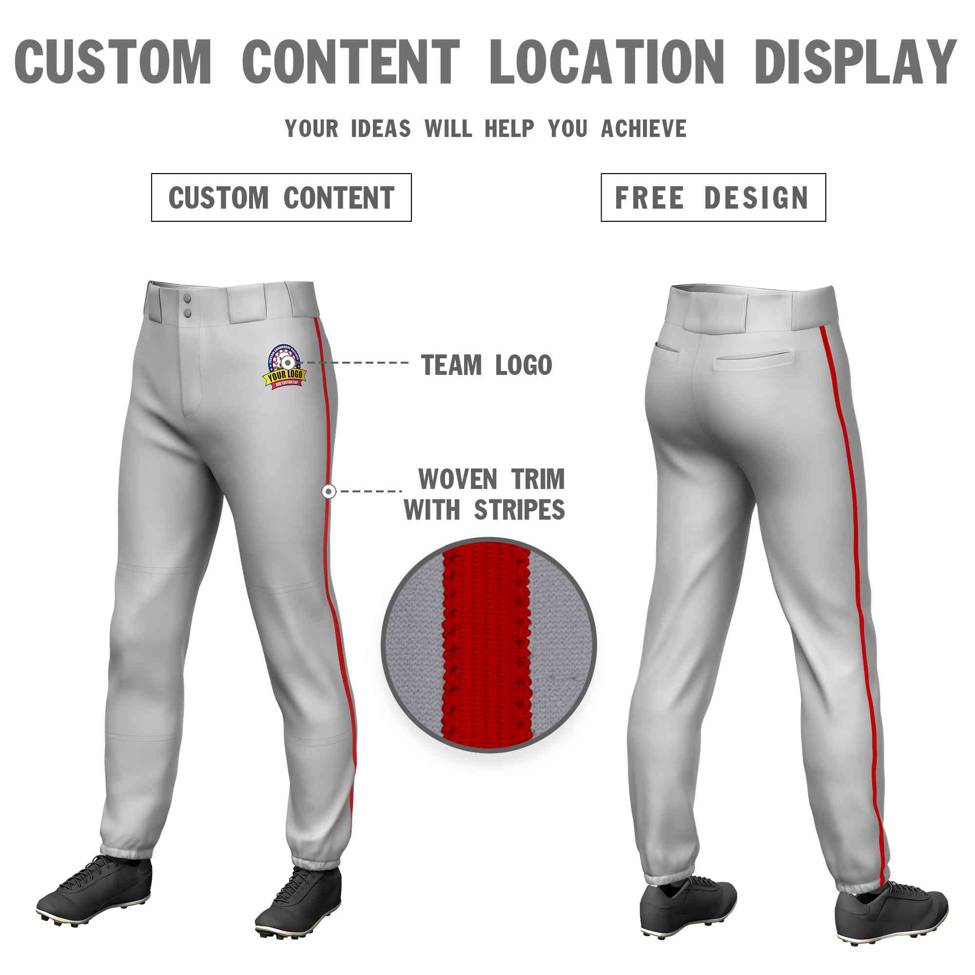 Custom Gray Red Classic Fit Stretch Practice Pull-up Baseball Pants