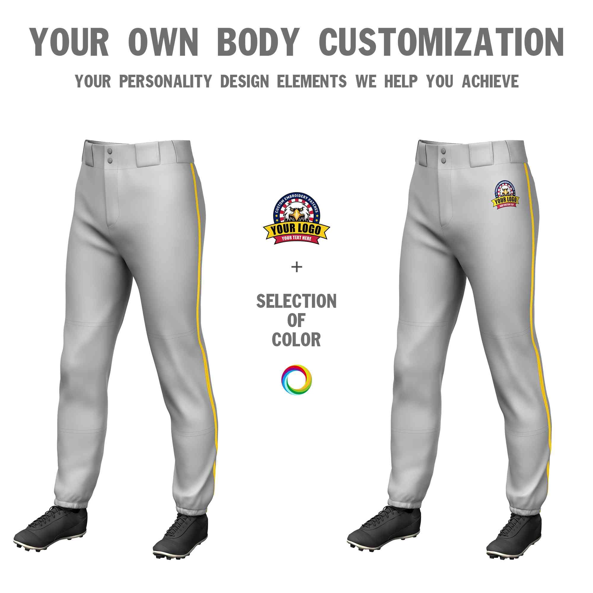 Custom Gray Gold Classic Fit Stretch Practice Pull-up Baseball Pants