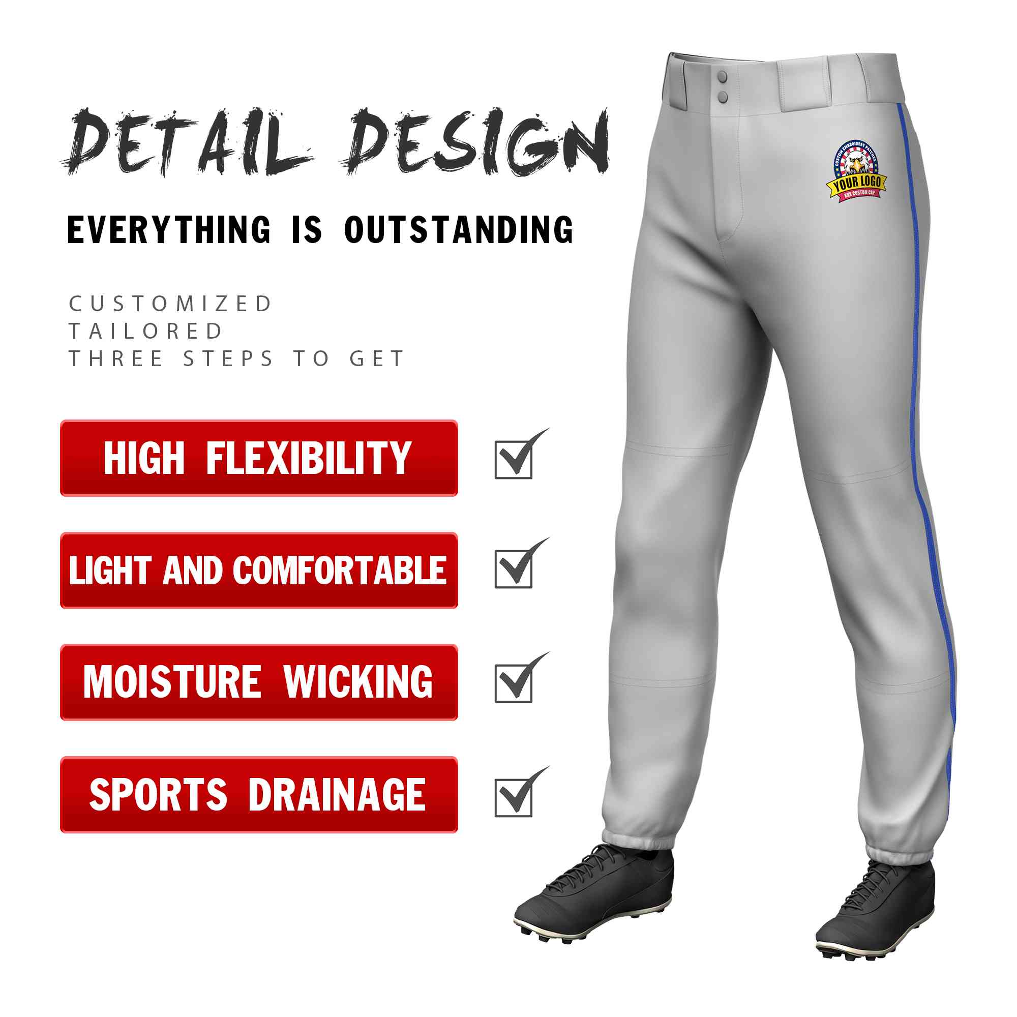 Custom Gray Royal Classic Fit Stretch Practice Pull-up Baseball Pants