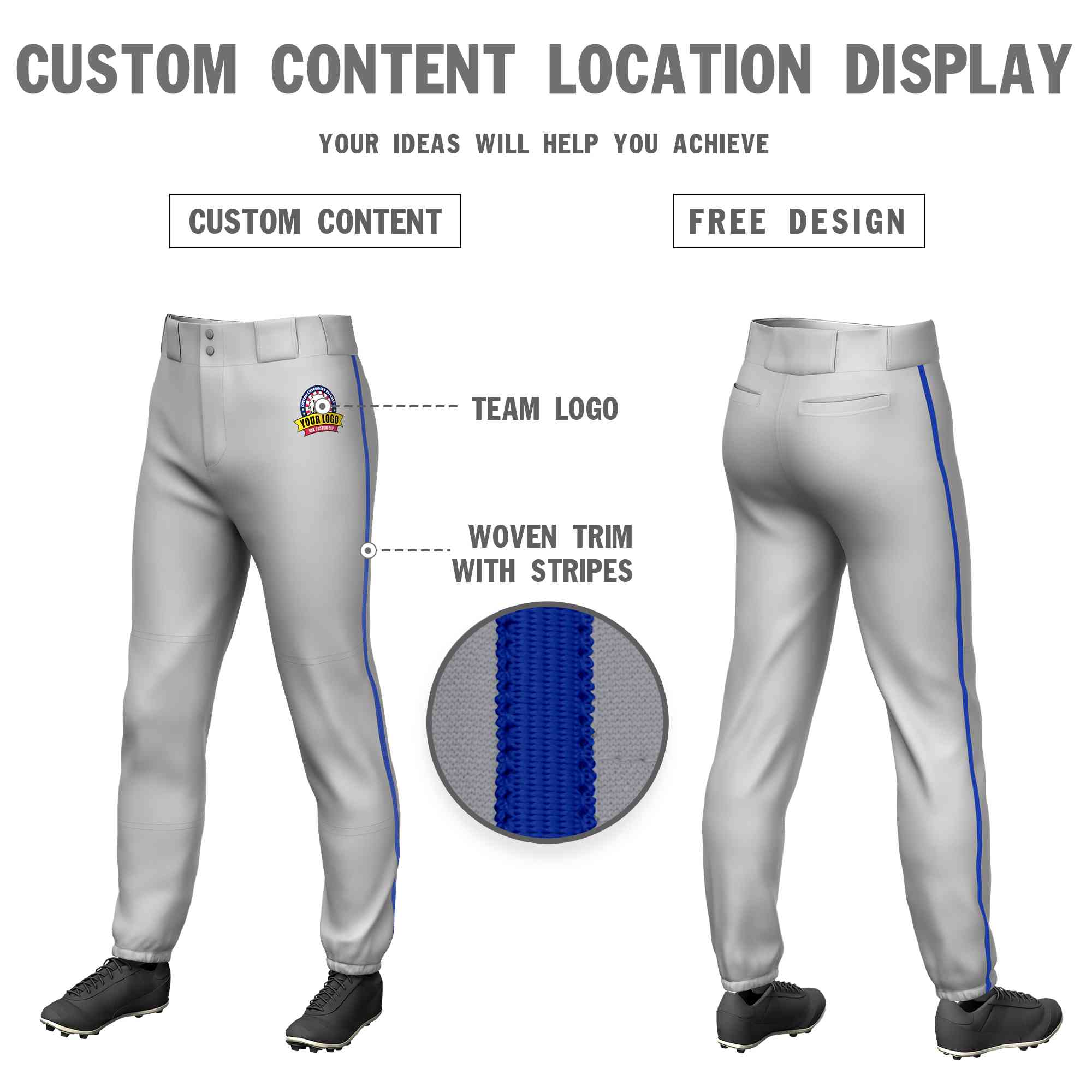 Pantalon de baseball pull-up extensible gris royal personnalisé, coupe classique