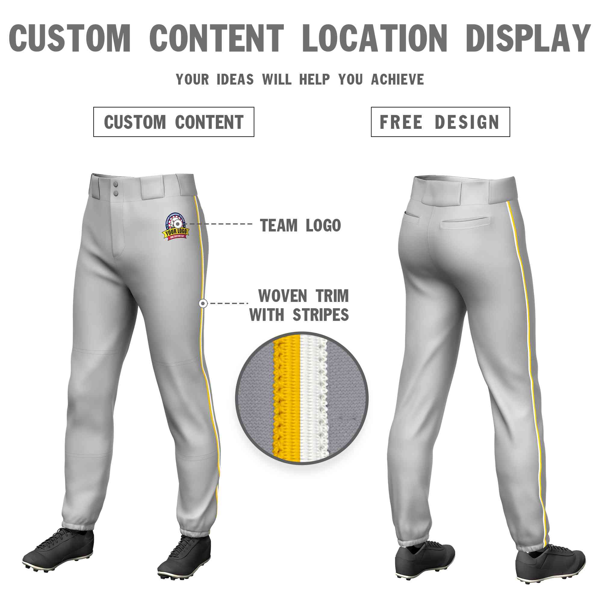 Custom Gray Gold-White Classic Fit Stretch Practice Pull-up Baseball Pants