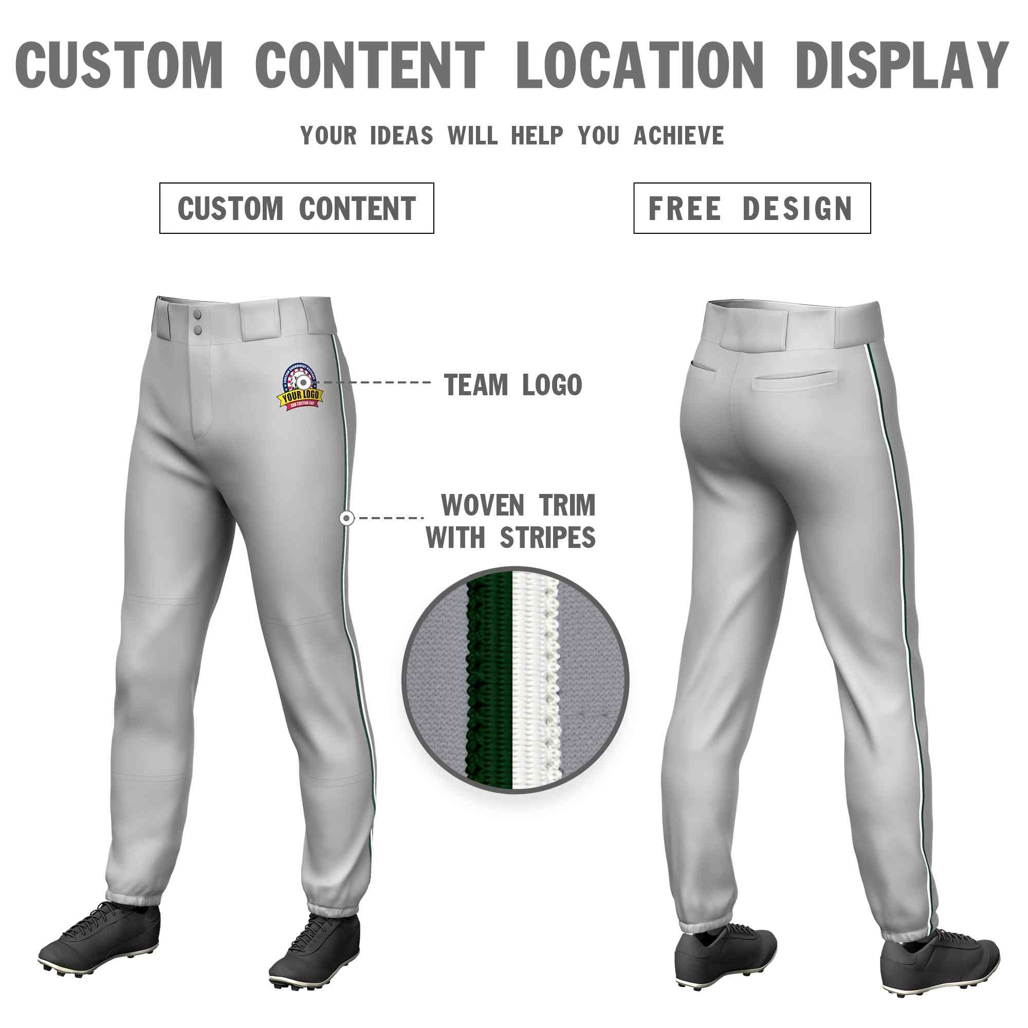 Pantalon de baseball pull-up extensible, coupe classique, personnalisé, gris vert-blanc