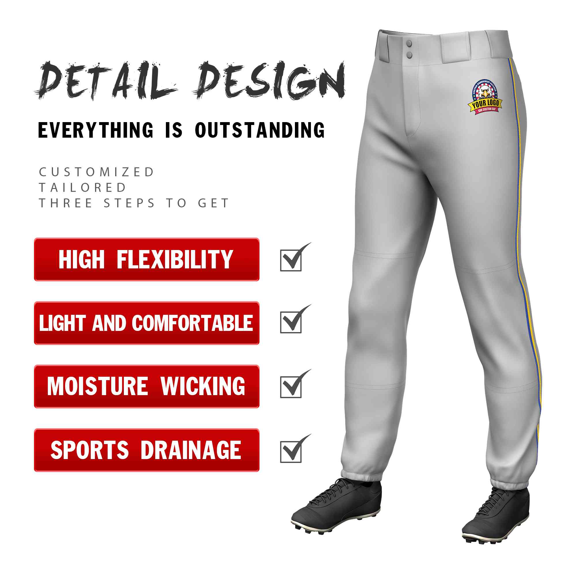 Custom Gray Royal-Gold Classic Fit Stretch Practice Pull-up Baseball Pants