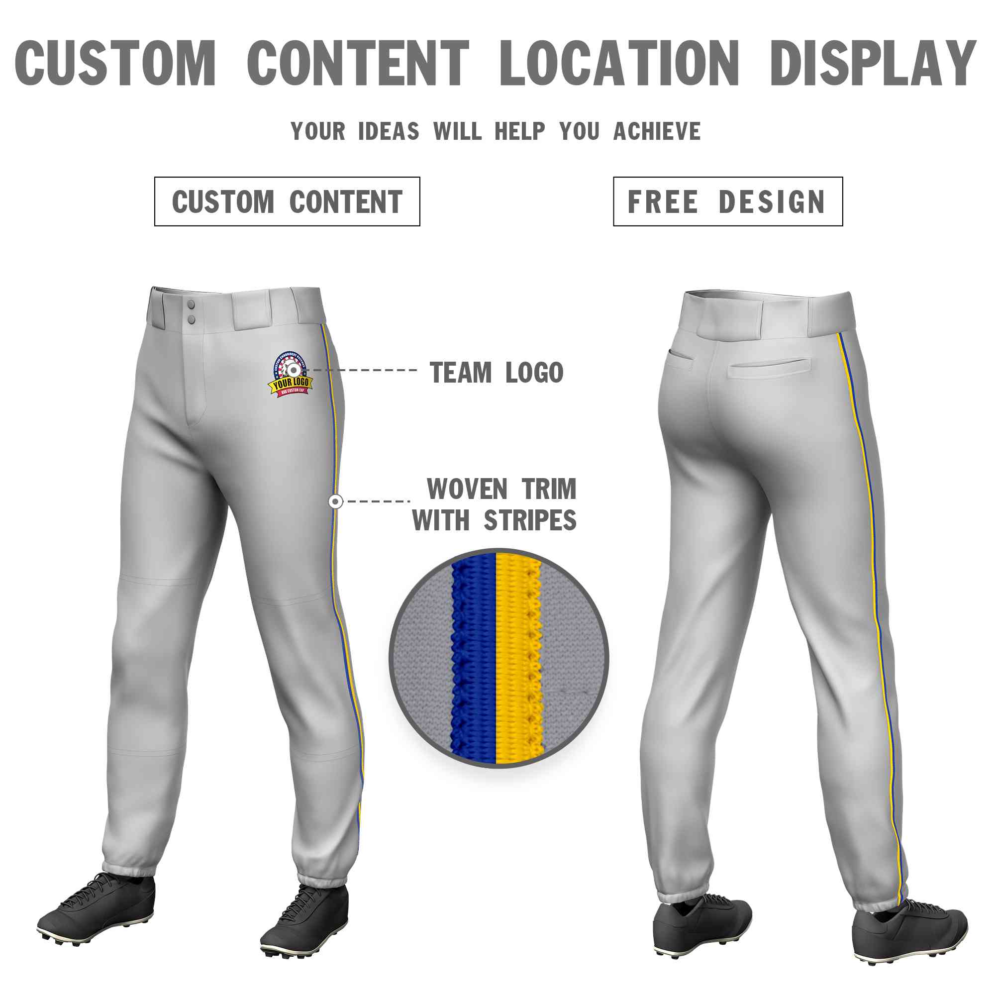 Pantalon de baseball pull-up extensible gris royal-or personnalisé