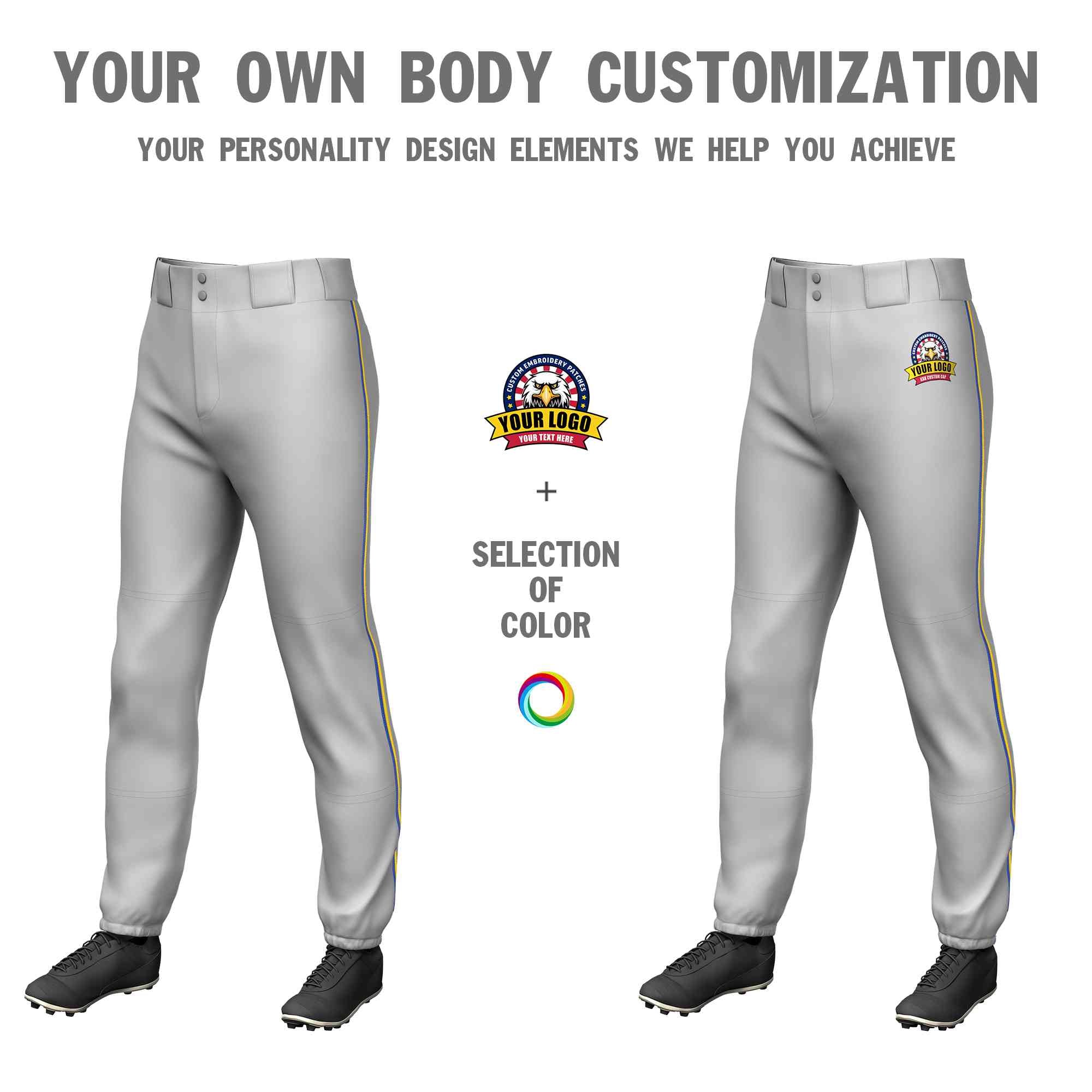 Custom Gray Royal-Gold Classic Fit Stretch Practice Pull-up Baseball Pants