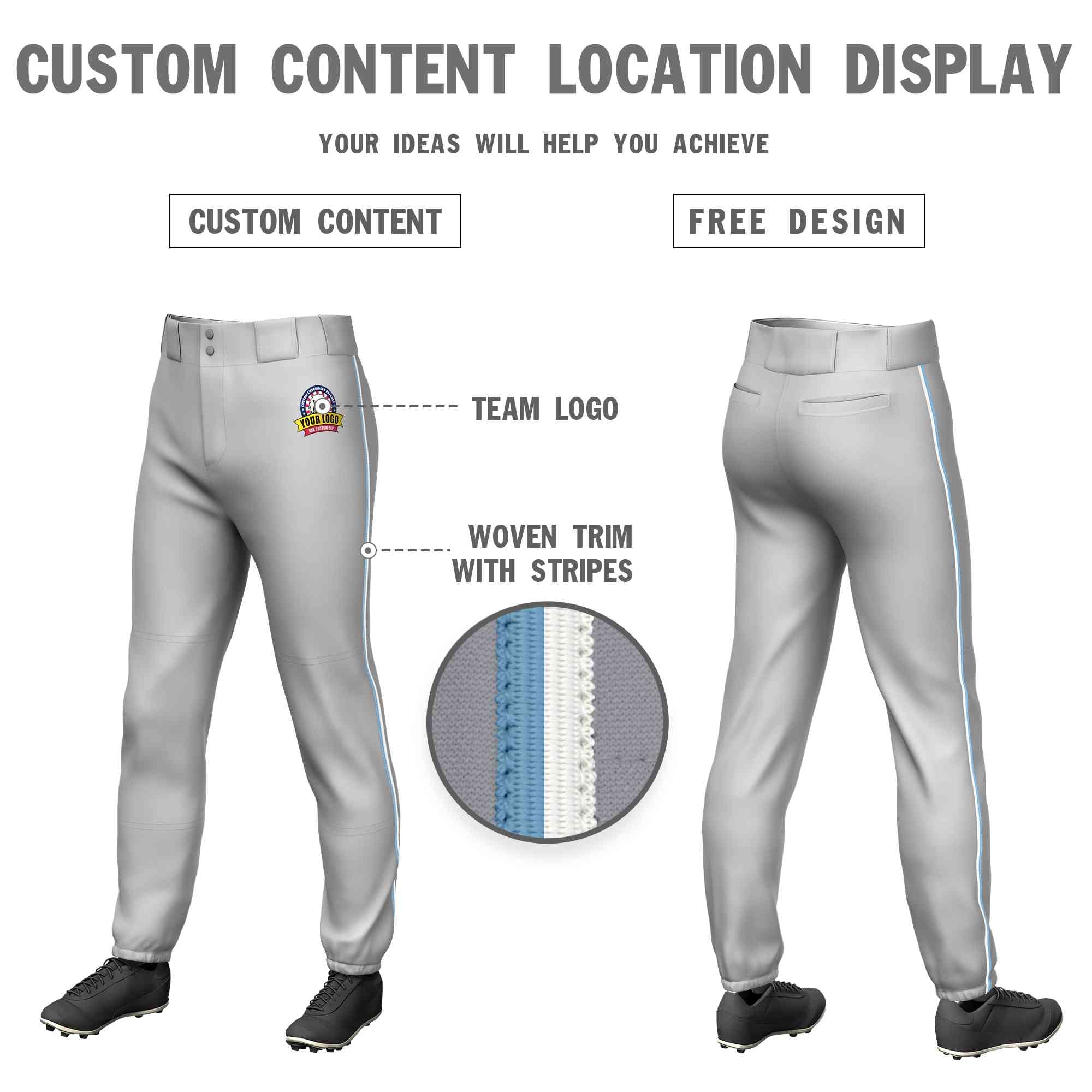 Custom Gray Light Blue-White Classic Fit Stretch Practice Pull-up Baseball Pants