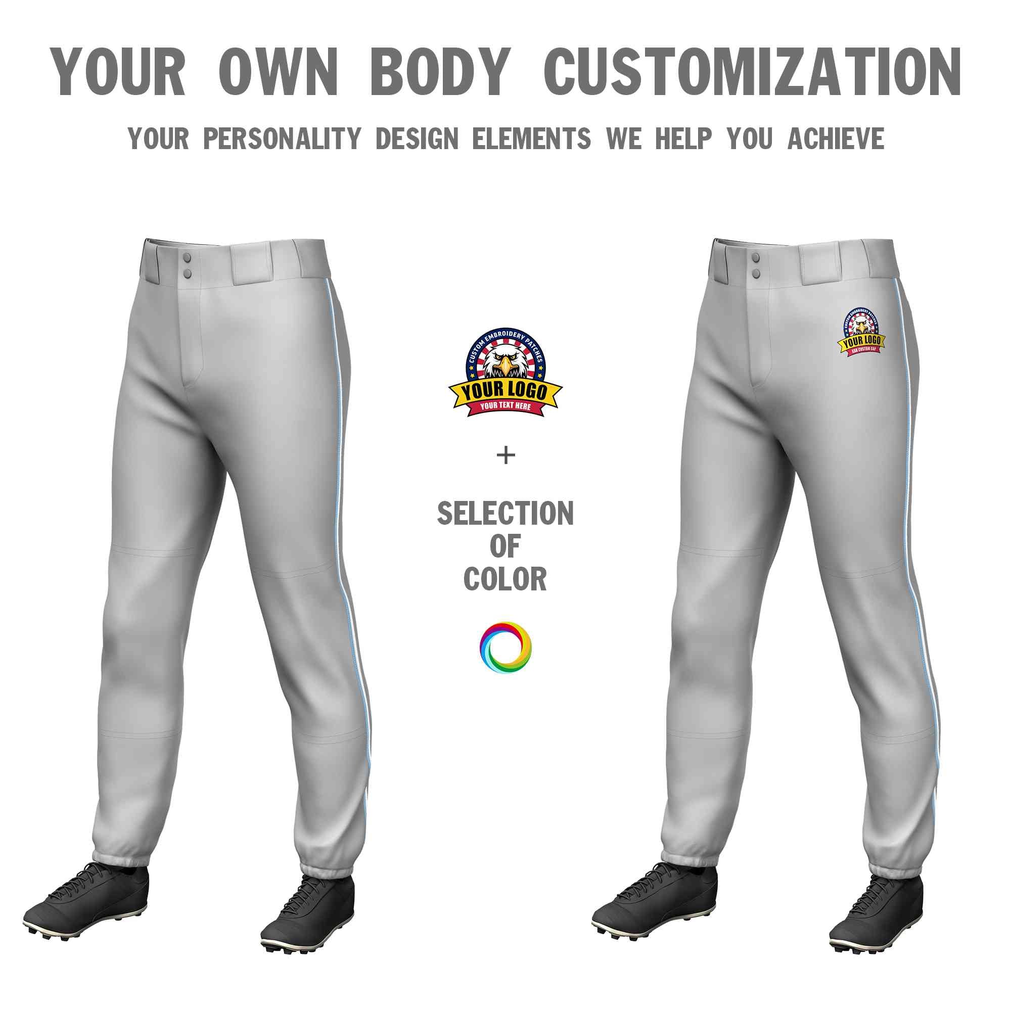 Custom Gray Light Blue-White Classic Fit Stretch Practice Pull-up Baseball Pants