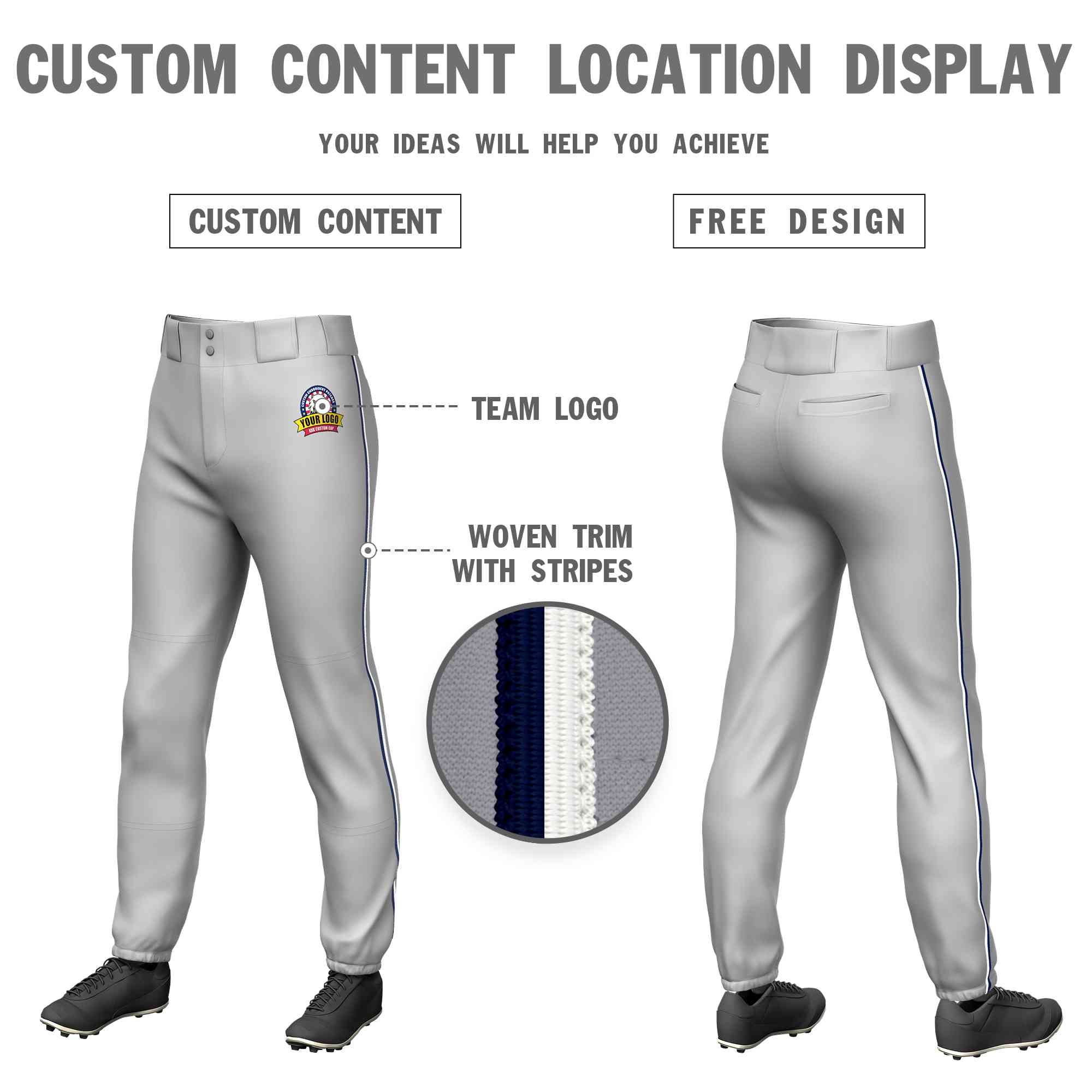 Custom Gray Navy-White Classic Fit Stretch Practice Pull-up Baseball Pants