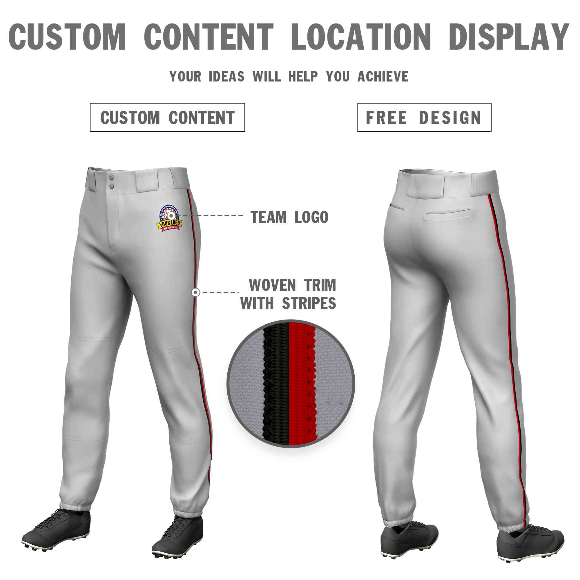 Custom Gray Black-Red Classic Fit Stretch Practice Pull-up Baseball Pants