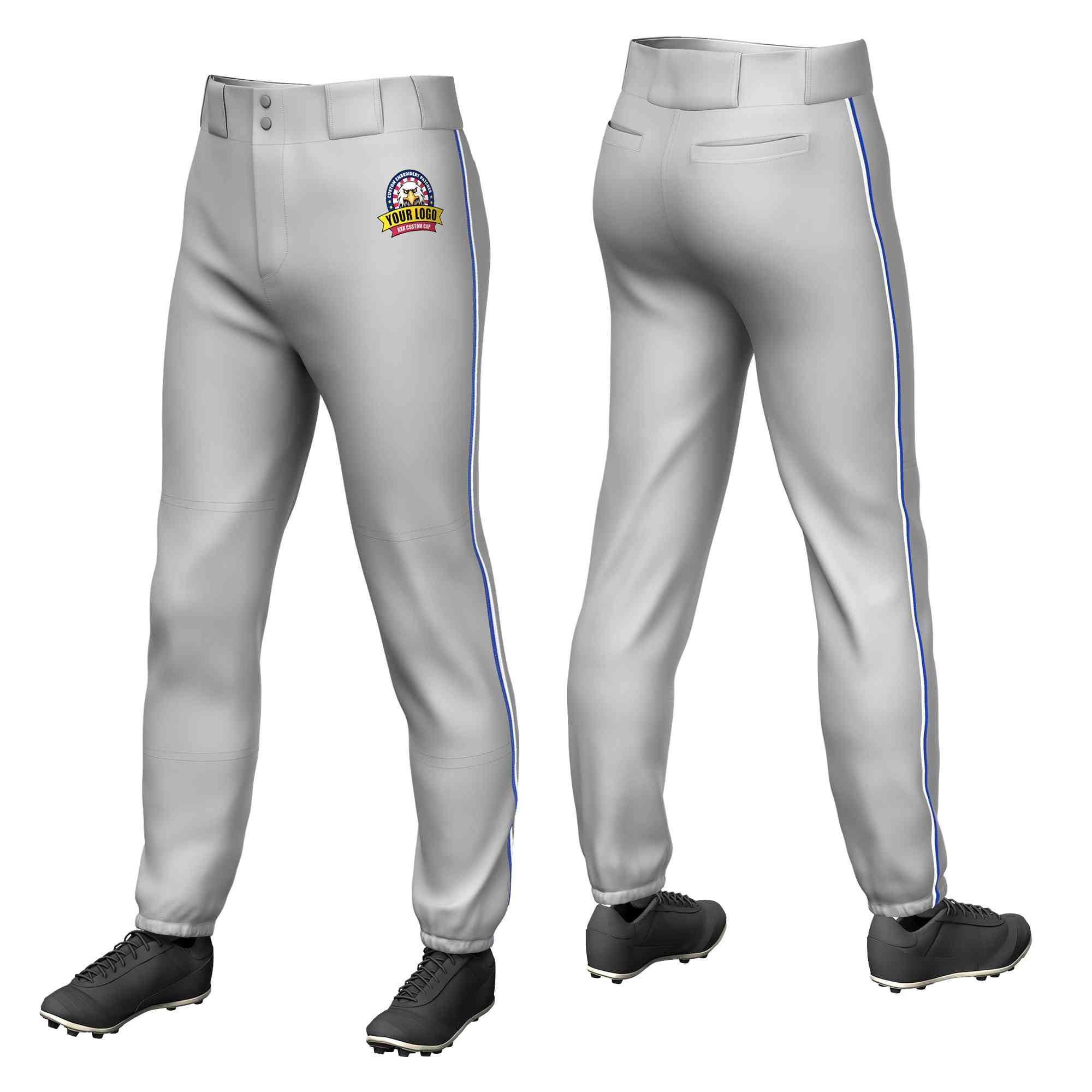 Custom Gray Royal-White Classic Fit Stretch Practice Pull-up Baseball Pants