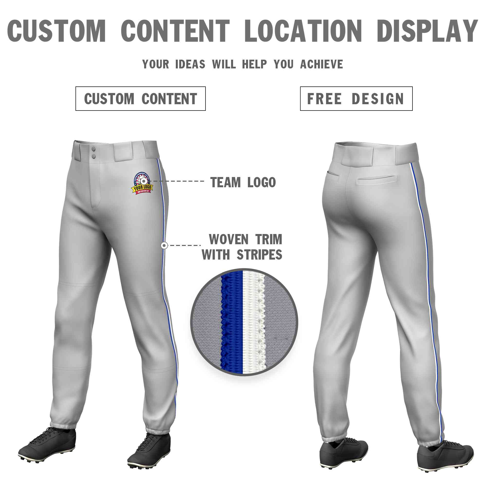 Custom Gray Royal-White Classic Fit Stretch Practice Pull-up Baseball Pants