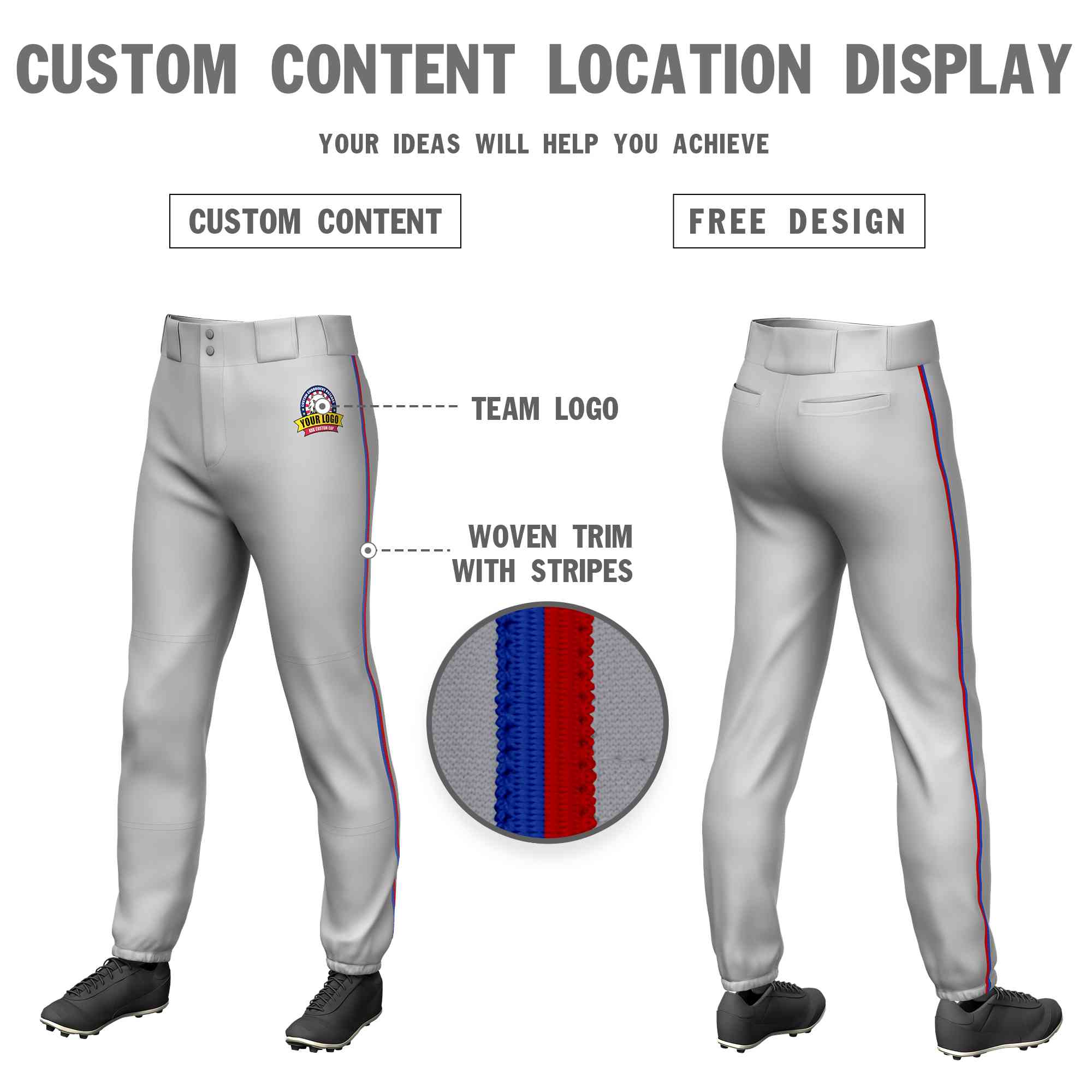 Pantalon de baseball pull-up extensible gris royal-rouge personnalisé