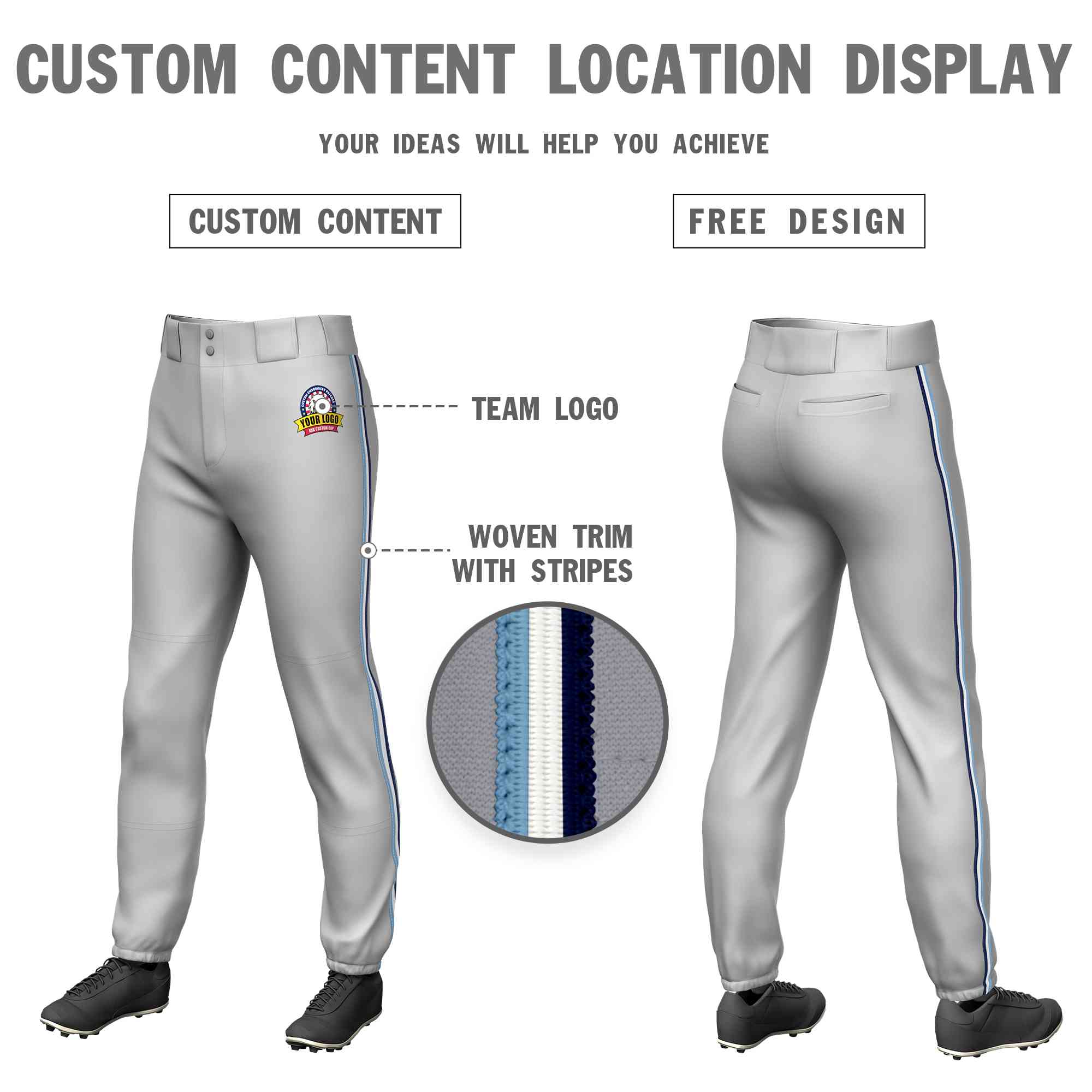 Pantalon de baseball pull-up extensible, personnalisé, gris, bleu clair, blanc-marine, coupe classique