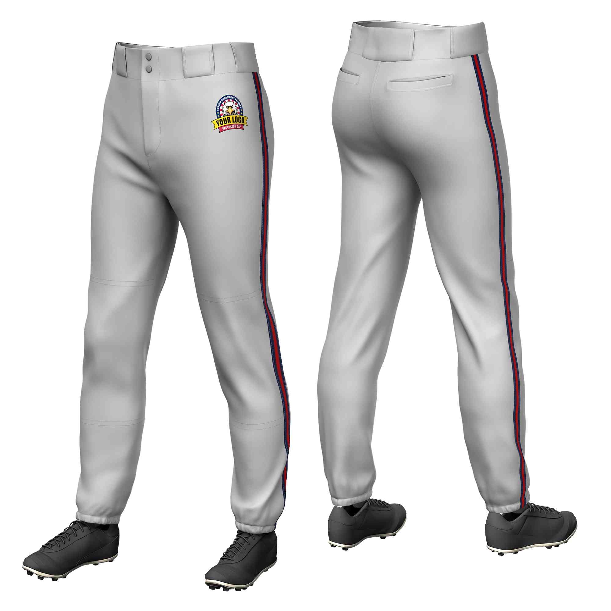 Custom Gray Navy Red-Navy Classic Fit Stretch Practice Pull-up Baseball Pants