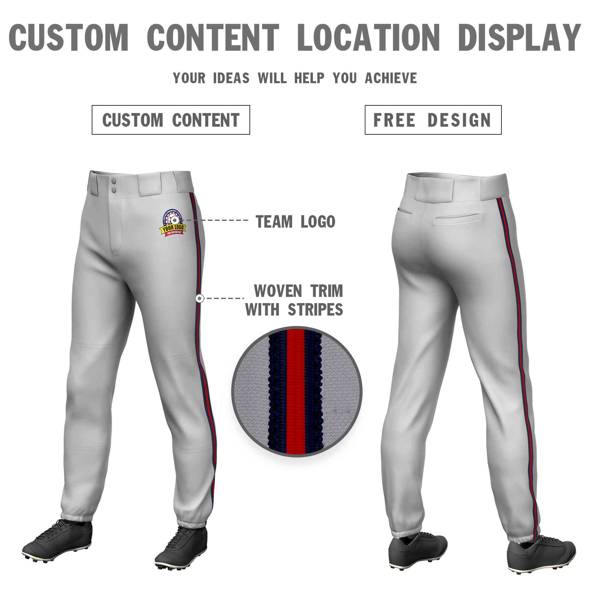 Custom Gray Navy Red-Navy Classic Fit Stretch Practice Pull-up Baseball Pants