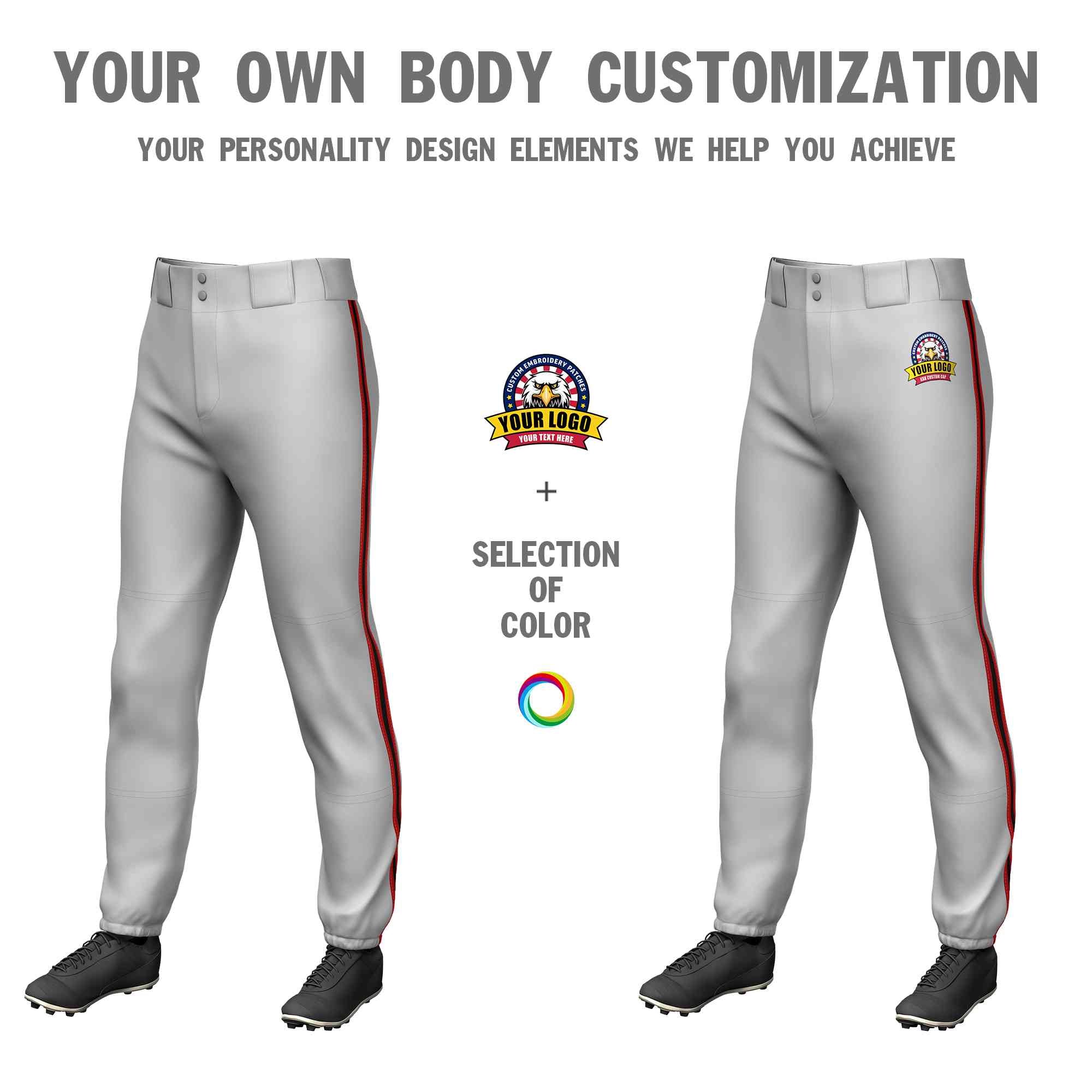 Pantalon de baseball pull-up extensible, personnalisé, gris, rouge, noir-rouge, coupe classique