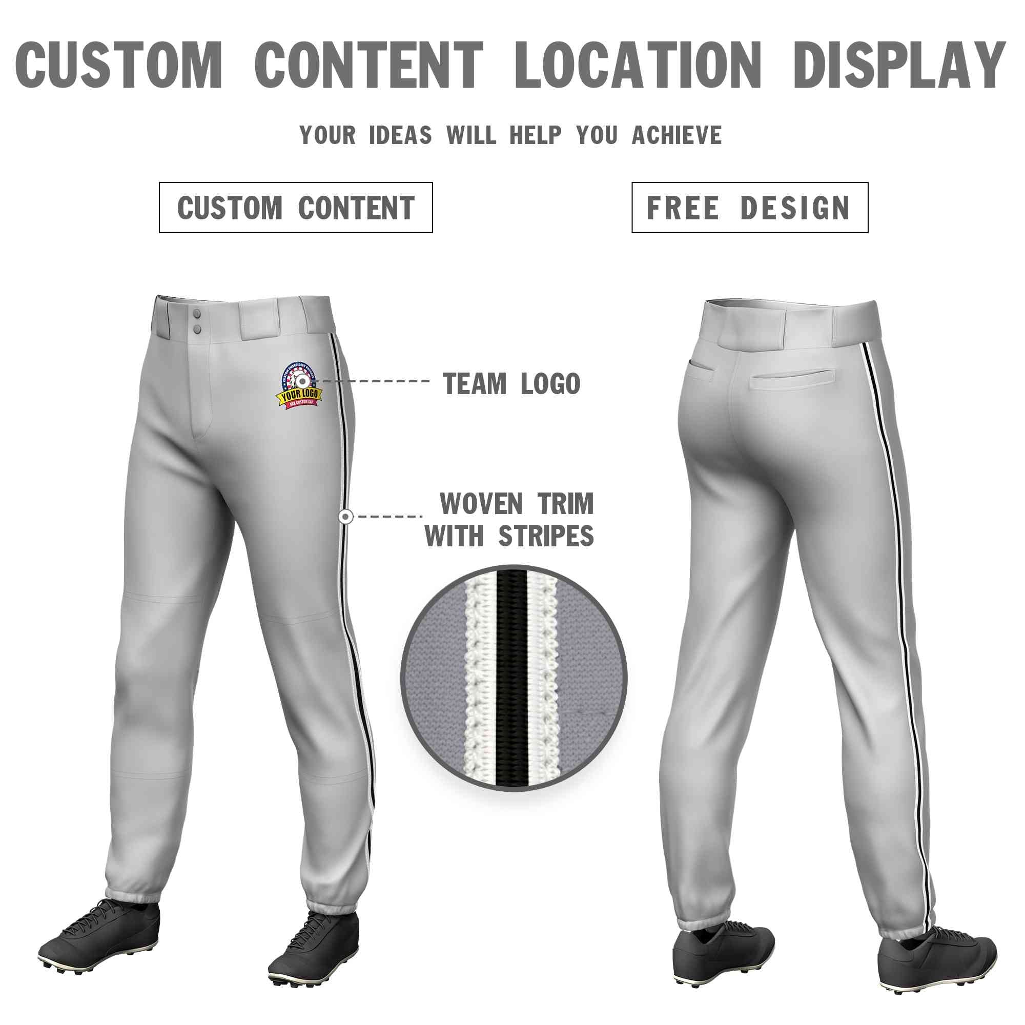 Pantalon de baseball pull-up extensible, coupe classique, personnalisé, gris, blanc, noir-blanc