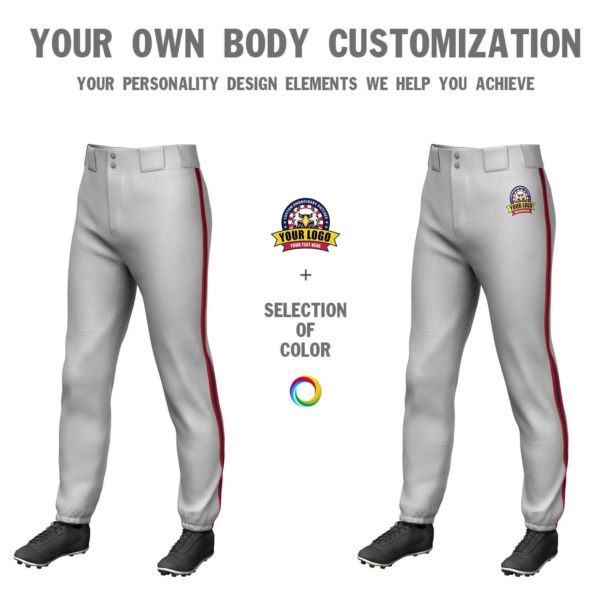 Custom Gray Red Navy-Red Classic Fit Stretch Practice Pull-up Baseball Pants