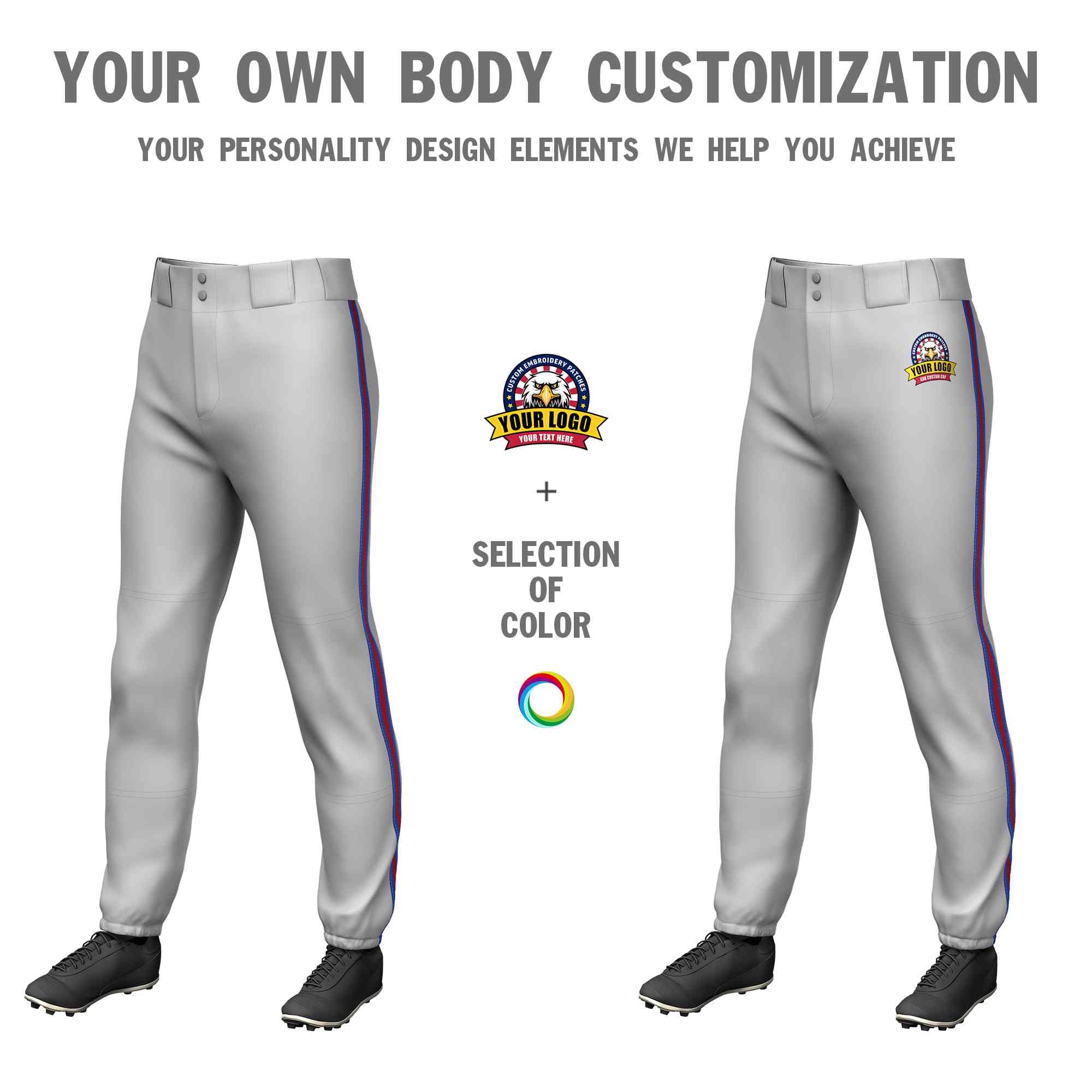 Custom Gray Royal Red-Royal Classic Fit Stretch Practice Pull-up Baseball Pants