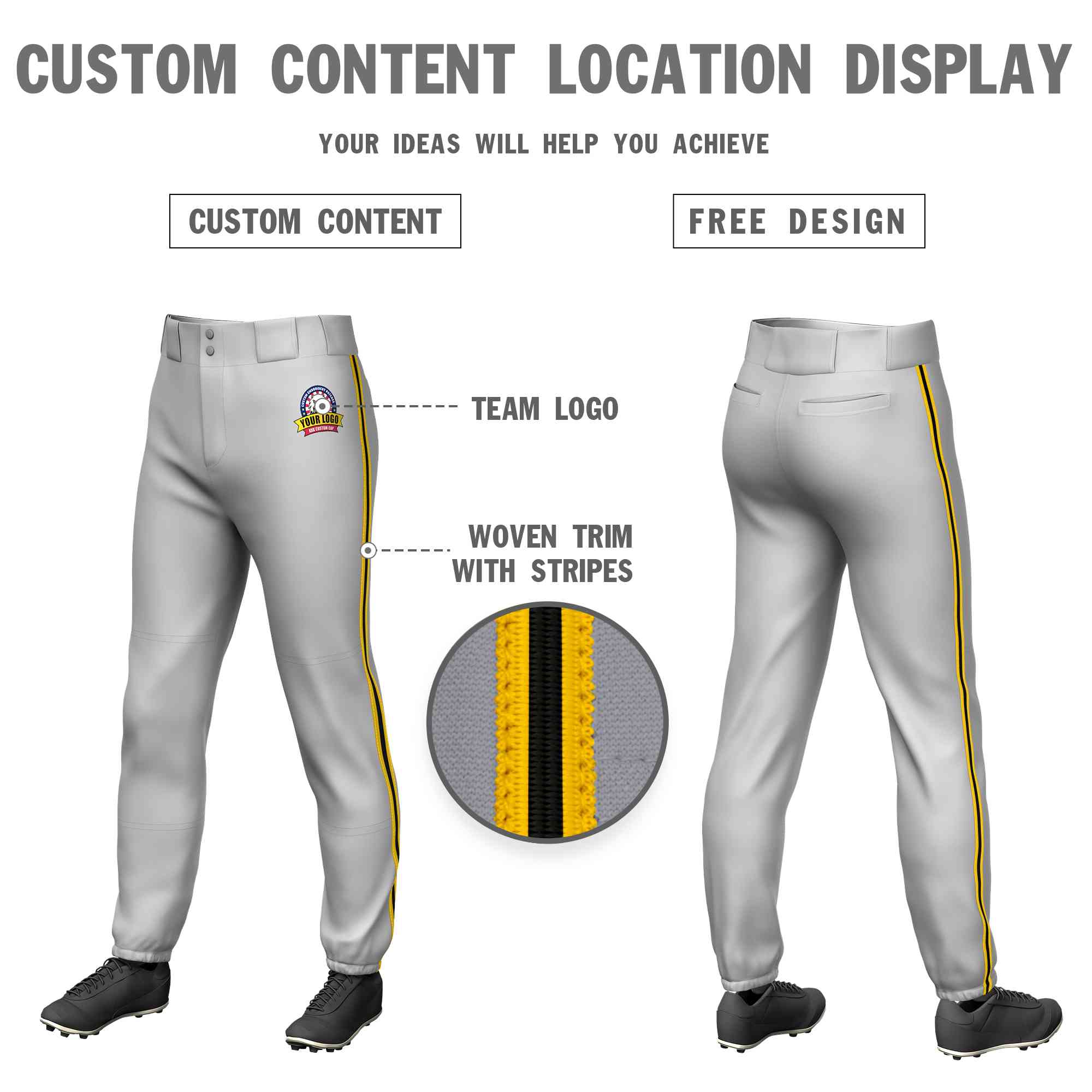 Custom Gray Gold Black-Gold Classic Fit Stretch Practice Pull-up Baseball Pants