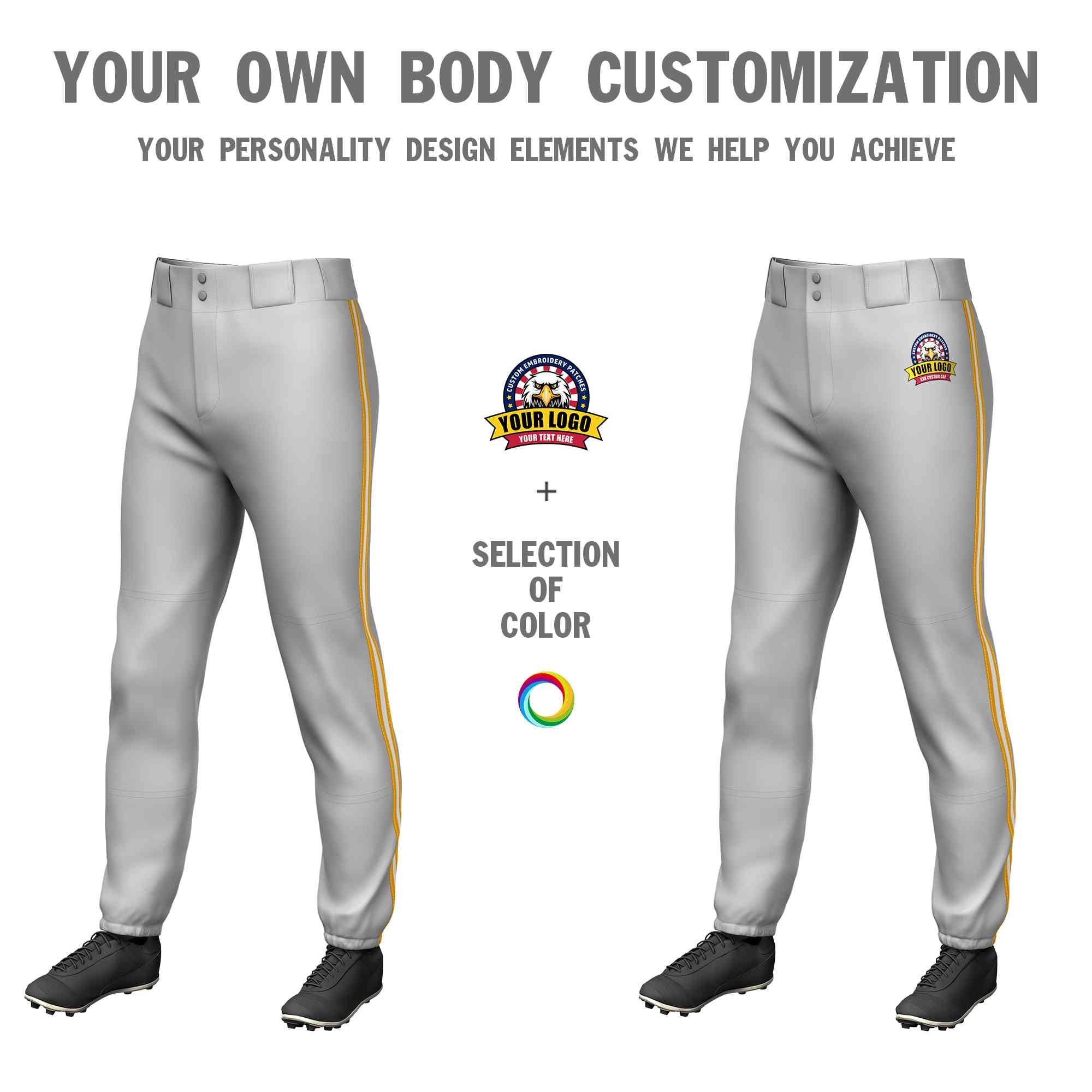 Custom Gray Yellow White-Yellow Classic Fit Stretch Practice Pull-up Baseball Pants