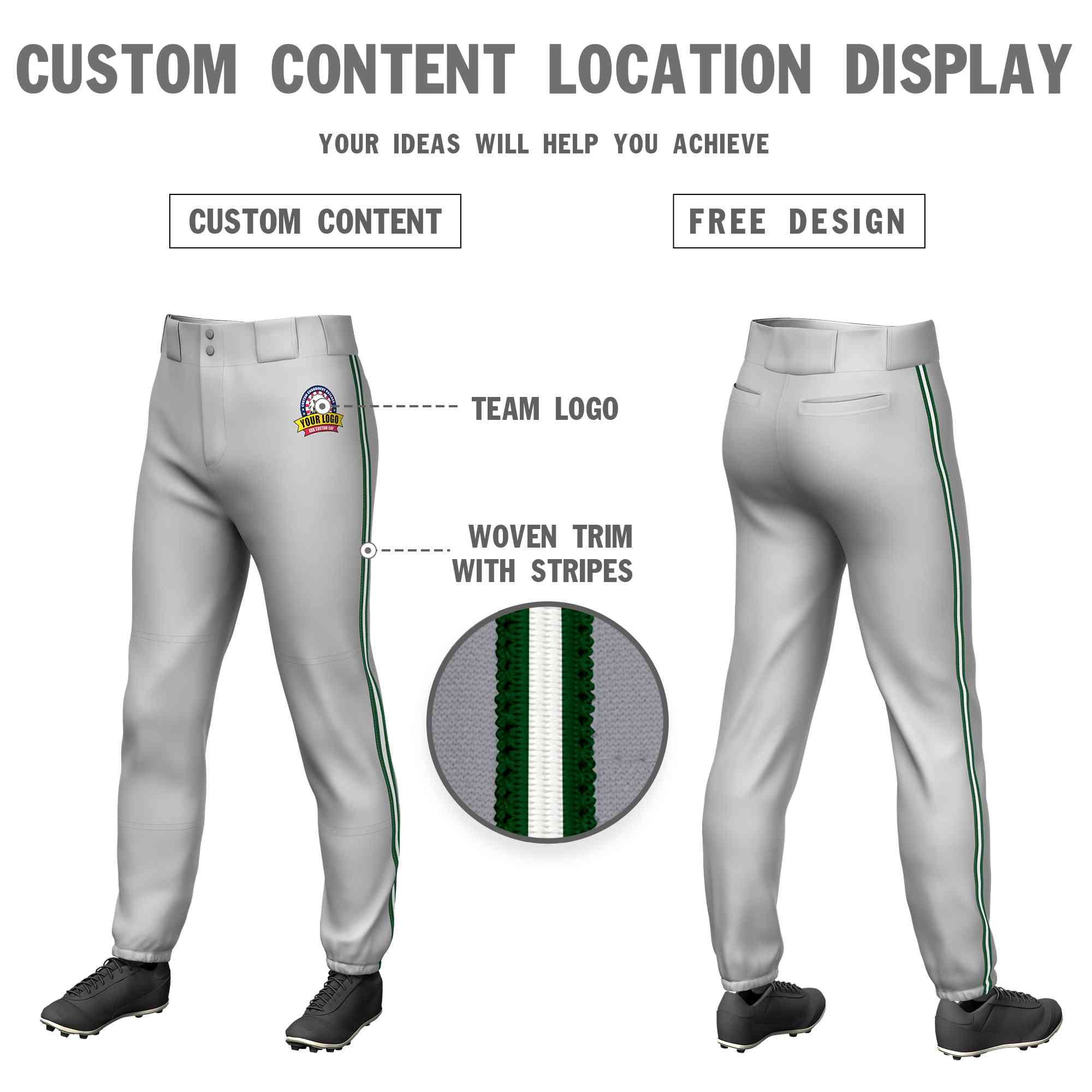 Pantalon de baseball pull-up extensible, coupe classique, personnalisé, gris, vert, blanc-vert