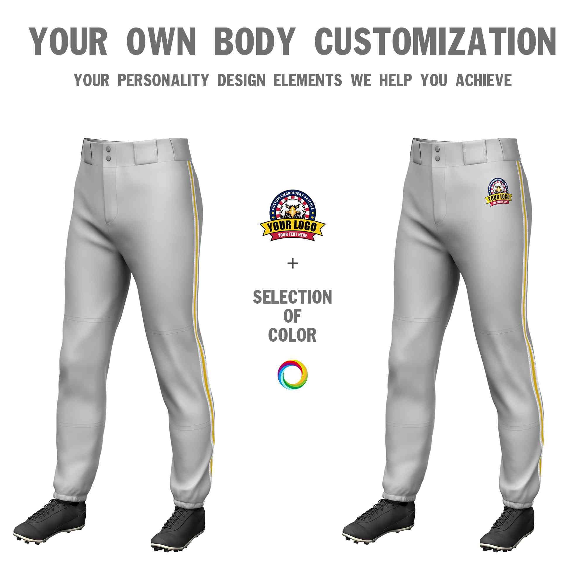 Pantalon de baseball pull-up extensible, coupe classique, personnalisé, gris, blanc, or-blanc