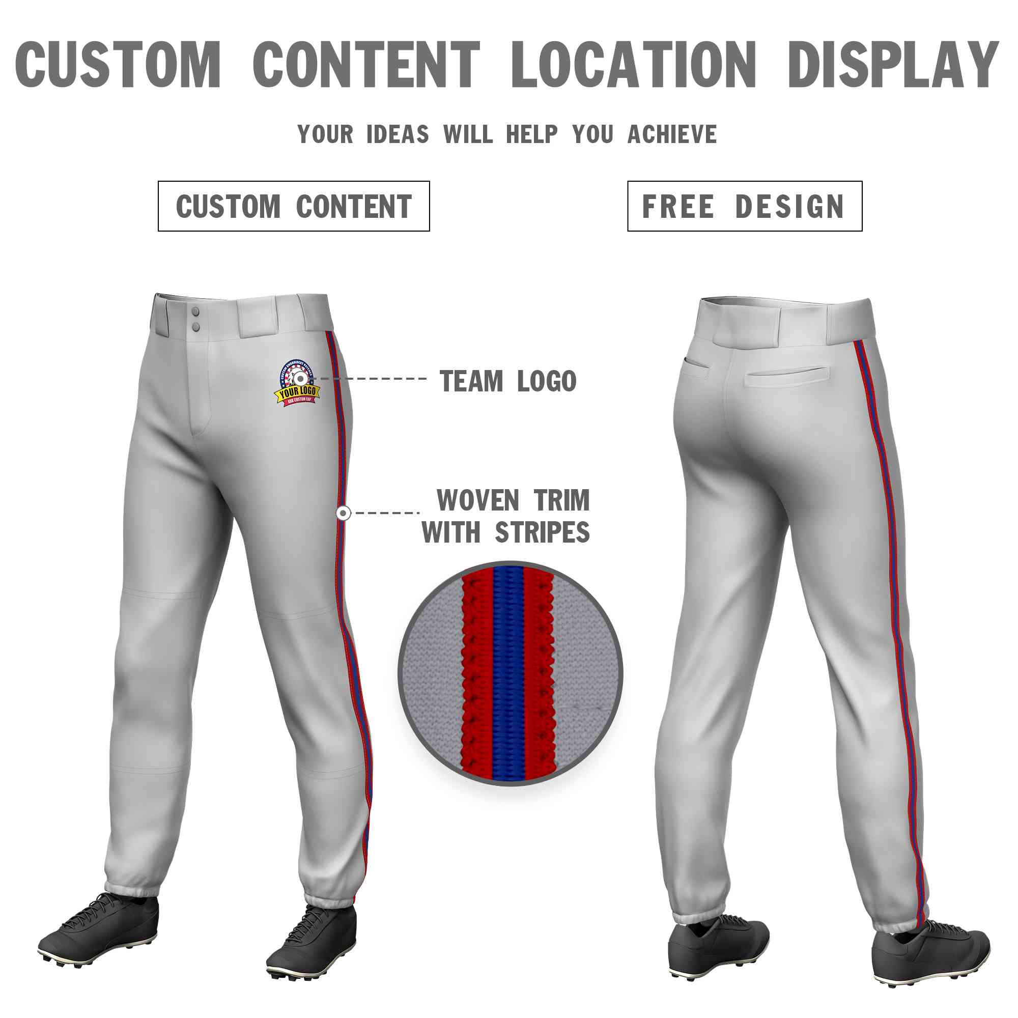 Custom Gray Red Royal-Red Classic Fit Stretch Practice Pull-up Baseball Pants