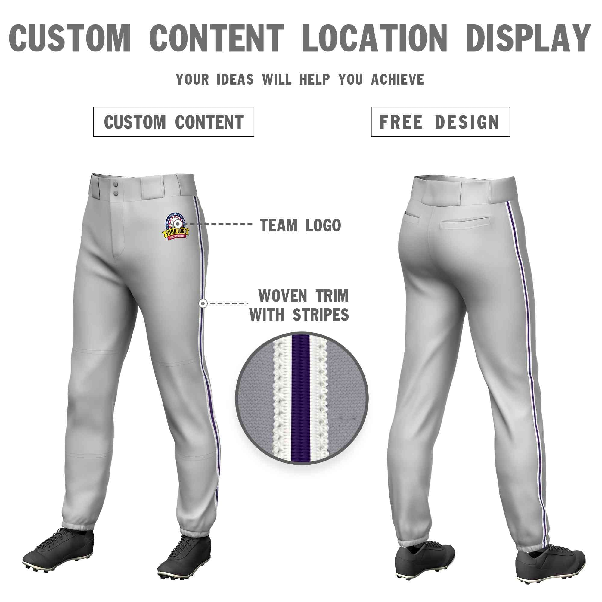 Custom Gray White Purple-White Classic Fit Stretch Practice Pull-up Baseball Pants